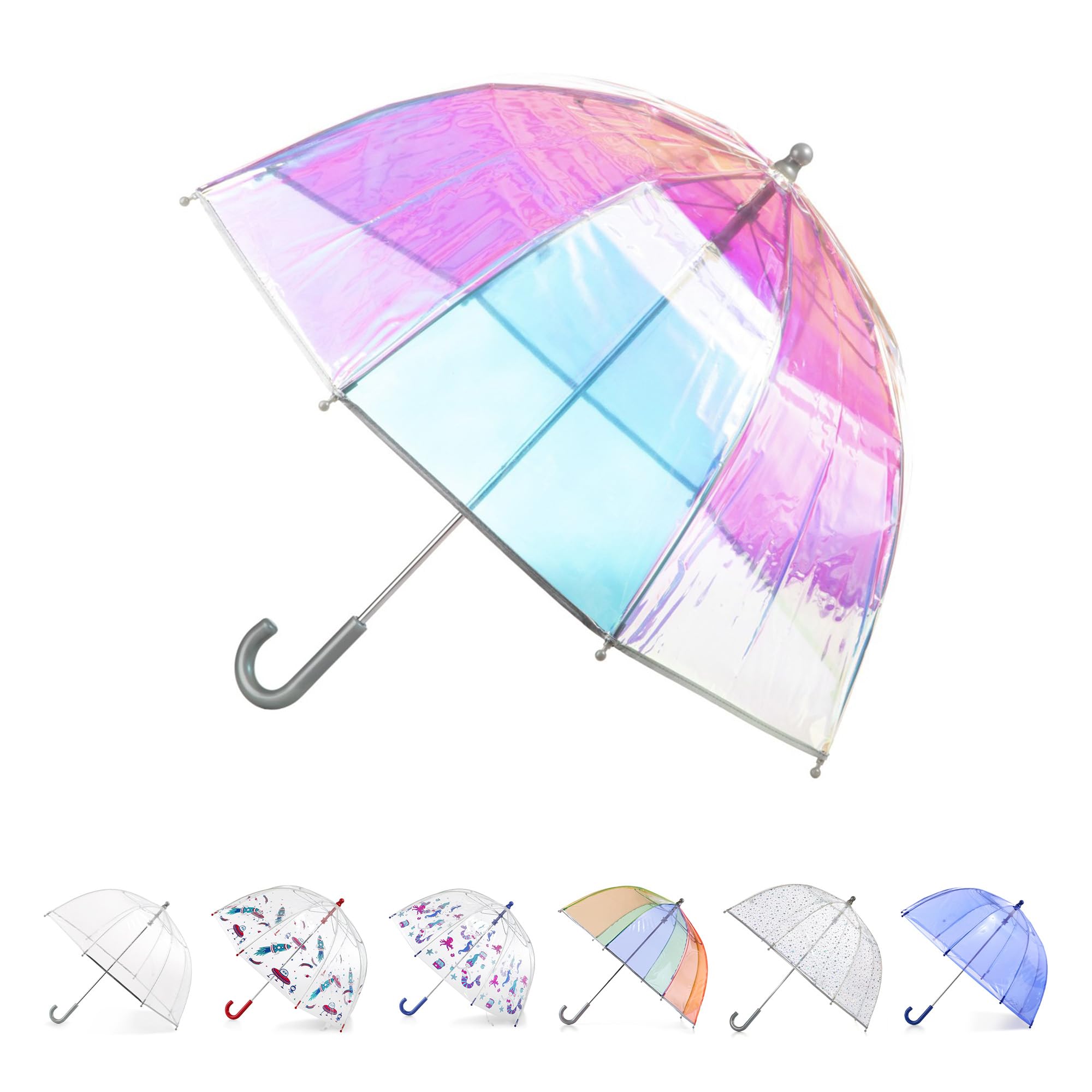 totes Kids Clear Bubble Umbrella with Dome Canopy, Lightweight Design, Wind and Rain Protection Umbrella, Iridescent, Kids - 38" Canopy