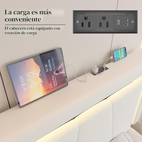 Miniatura 7 de Base de cama tamaño Queen con 4 cajones de almacenamiento y luces LED, plataforma tapizada con cabecera ajustable y estación de carga, soporte de