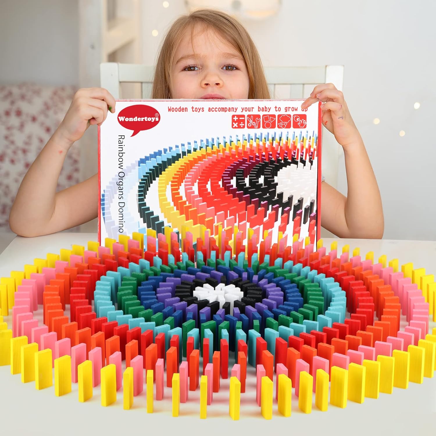 1000 PCS Dominoes Set for Kids with Extra 11 Blocks, Wooden Building Blocks 10 Colors Dominoes Racing Tile Games Educational Toy for Kids Birthday Party with Storage Bag