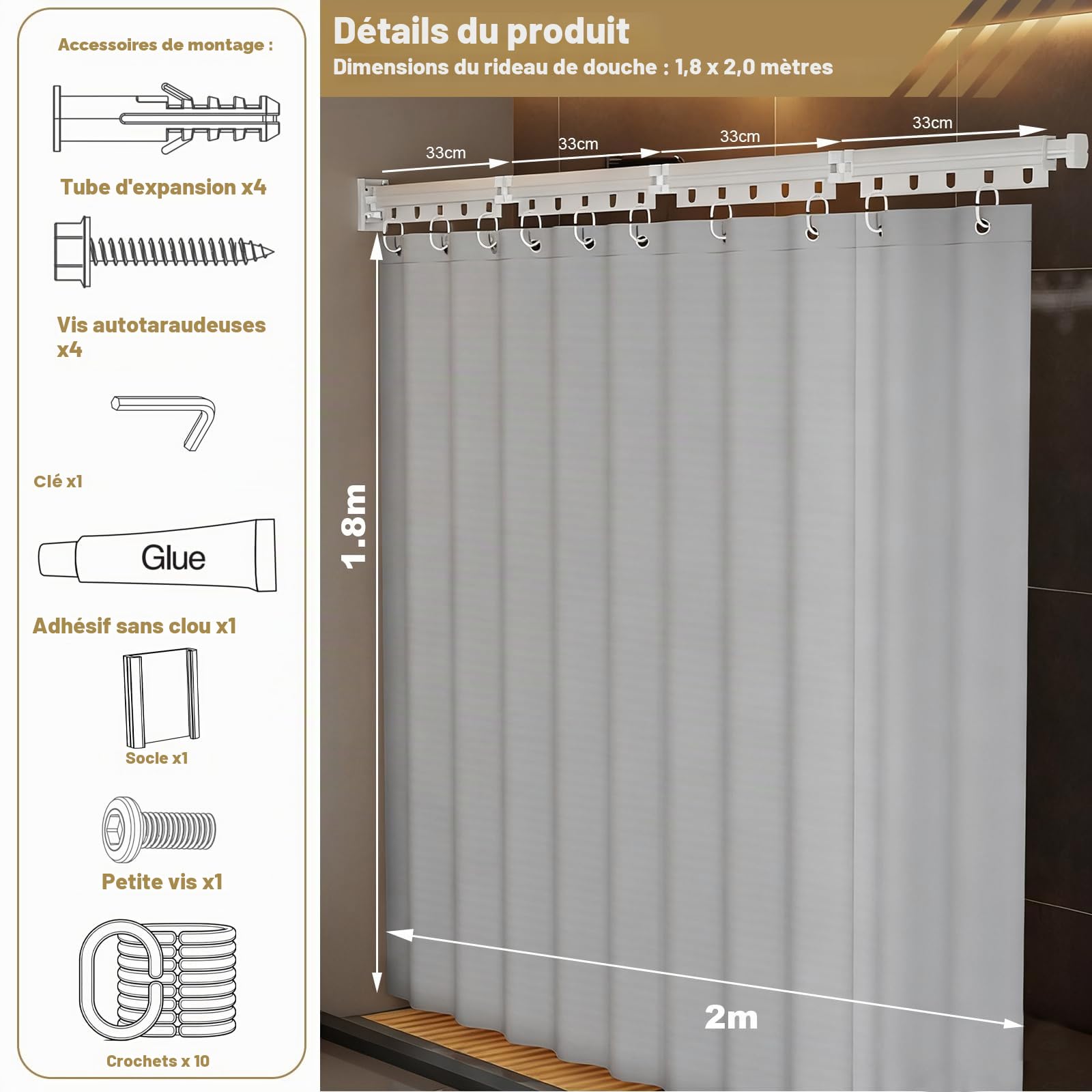 Tringle à rideau de douche pliable sans perçage, pliable et rotative, en alliage d'aluminium avec rideau de douche imperméable anti-moisissure 180 x 200 cm, pour salle de bain, baignoire (blanc/gris)