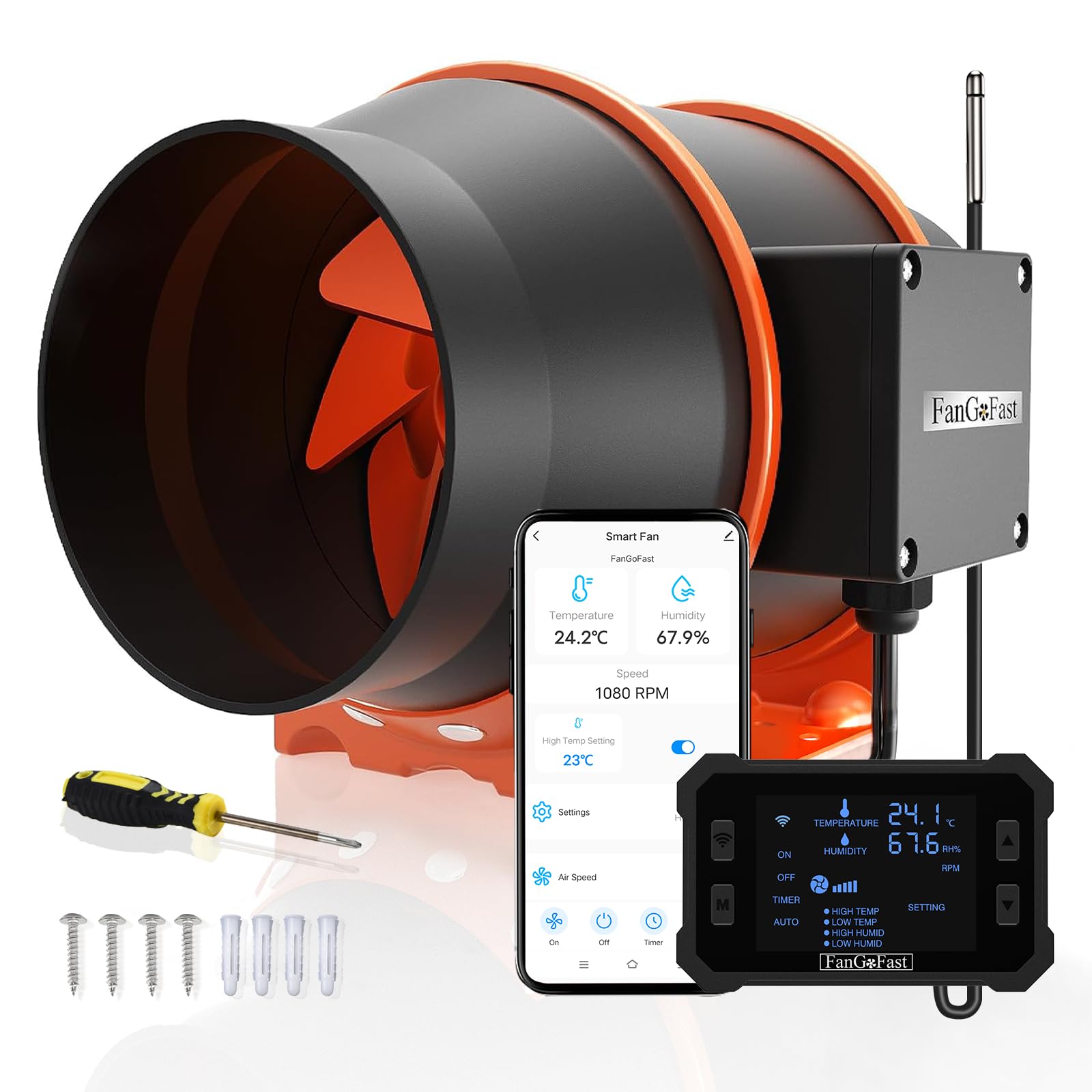 FanGoFast 150 mm Wifi App estrattore d'aria, Avec controllo della temperatura e dell'umidità, motore EC, ventola di aspirazione da 2550 giri/min. per sovralimentatori, tende, serre e grow room