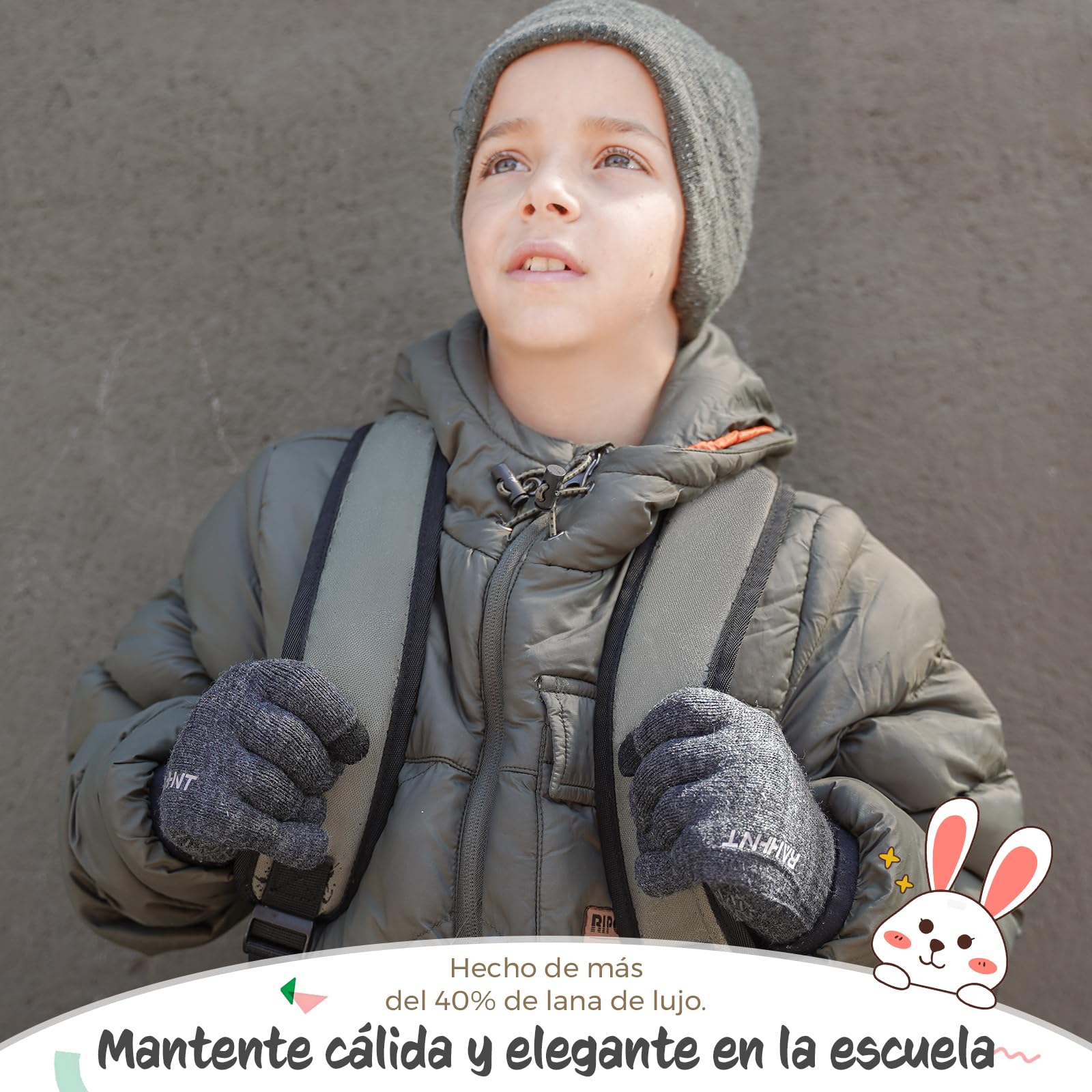 Rahhint Guantes Lana Invierno Termicos para Niños y Niñas 4-15 Años con Punto Pequeños Forro Polar Aislado