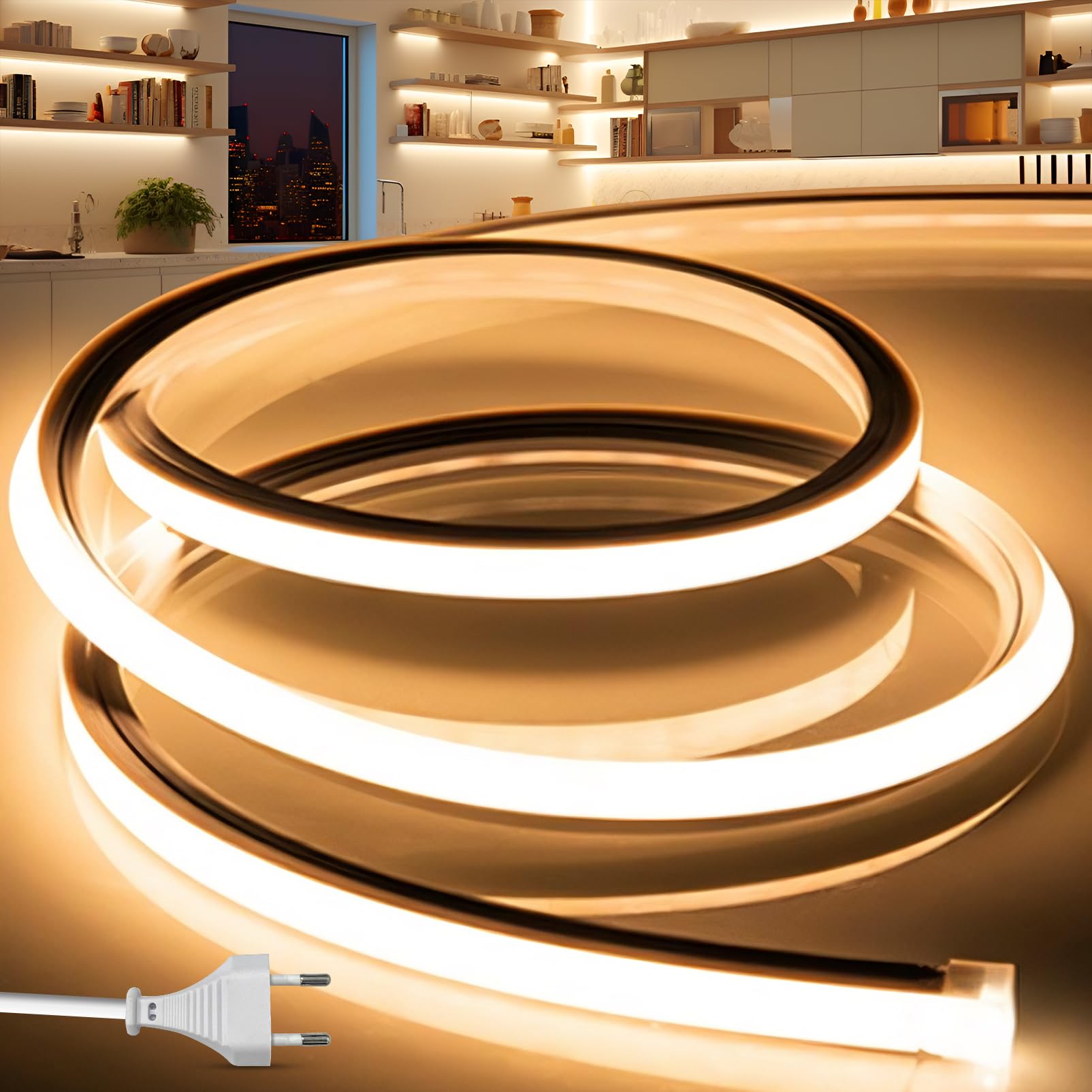Striscia LED Neon 2M 220V Tubo LED Silicone Flessibile Esterno Impermeabile IP65 Nastri LED Luminosa 120 LED/M Corda Stringa Lampada, con Alimentatore di rete e Controller (Giallo)