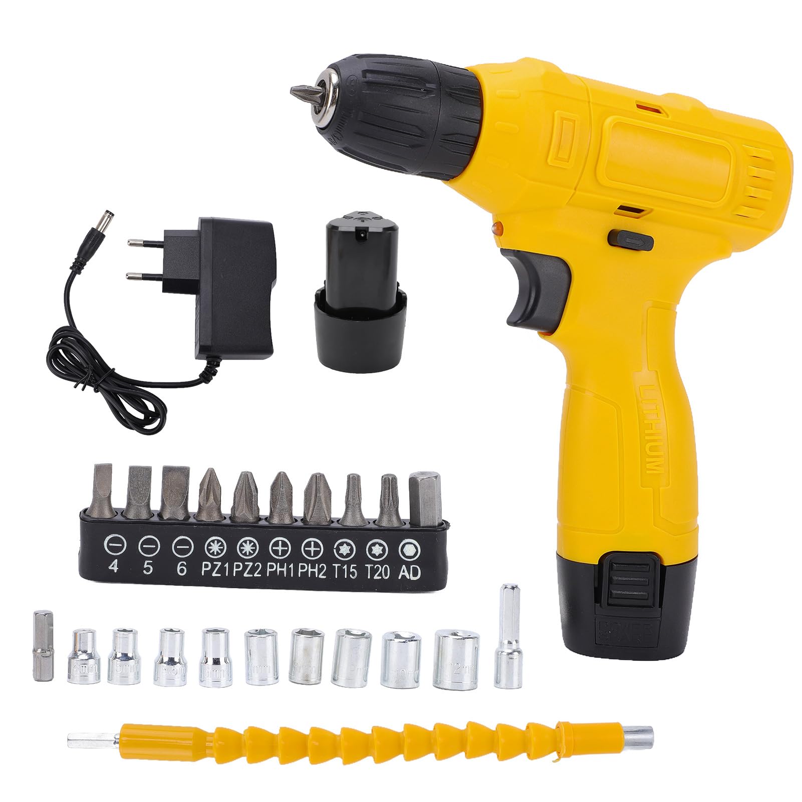 YWBL-WH Set Trapano Avvitatore a Batteria 12V Trapano Elettrico con Caricatore Mandrino Da 3/8 Pollici Da 0 a 600 Giri/min Coppia di 15 Nm Luce a LED Impugnatura Ergonomica per Assemblaggio di