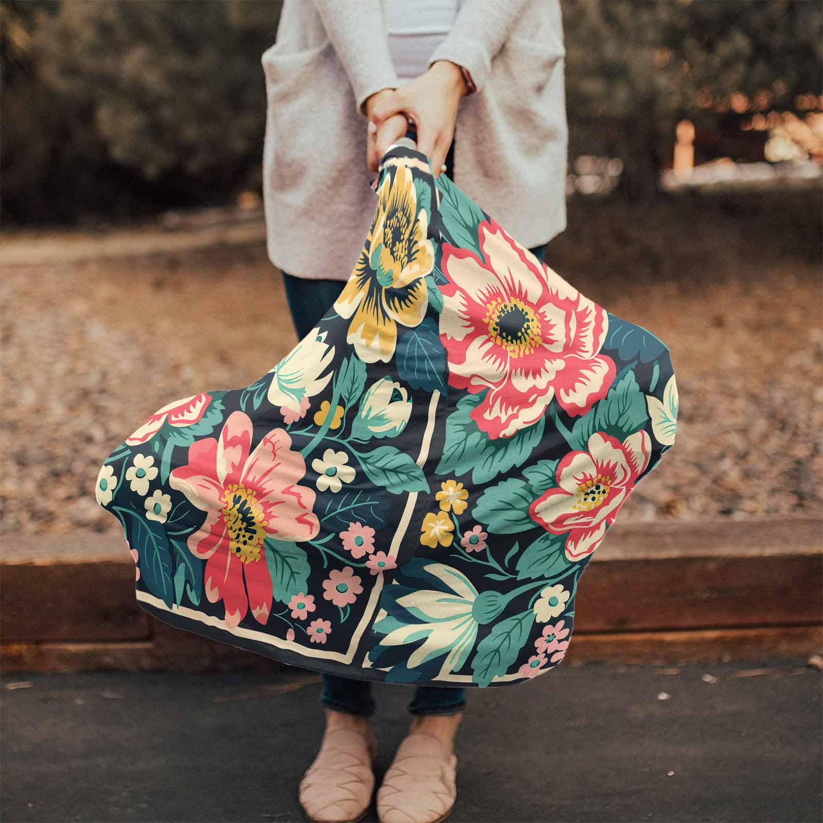 Nursing Cover for Breastfeeding Scarf, Comic Flowers Leaves Bohemian Vintage Baby Car Covers Super Soft Multi Use for Canopy Shopping Cart Cover Blanket Stroller Cover