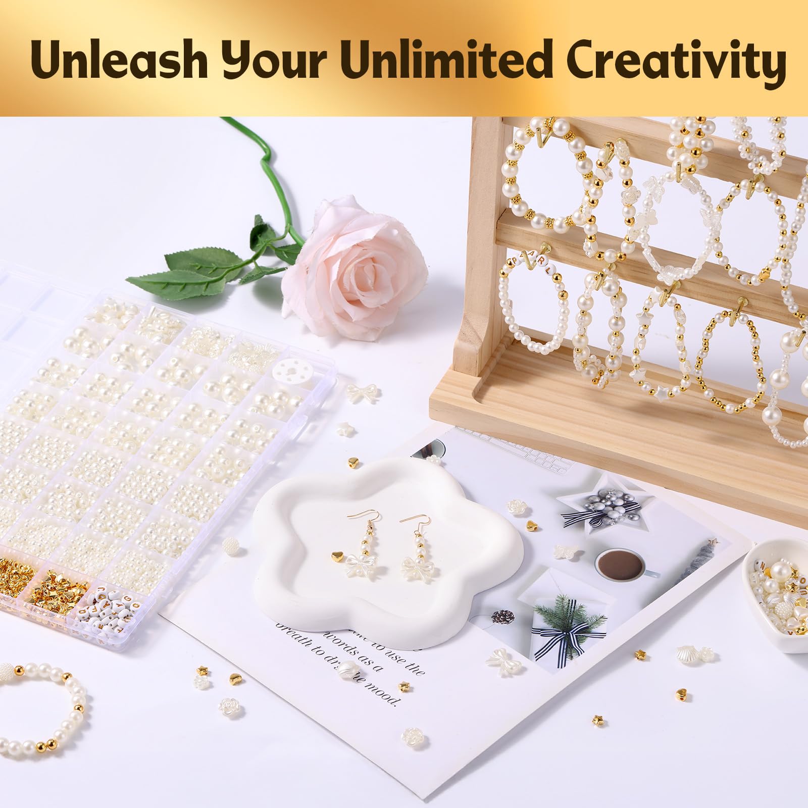 Funtopia 1860pcs Pearl Beads for Jewelry Making, 5 Sizes Round Pearls Bracelet Making Kit, Pearl Beads with Gold Spacer Bead Letter Star Heart Bow Bead for Necklaces Earrings DIY Crafts