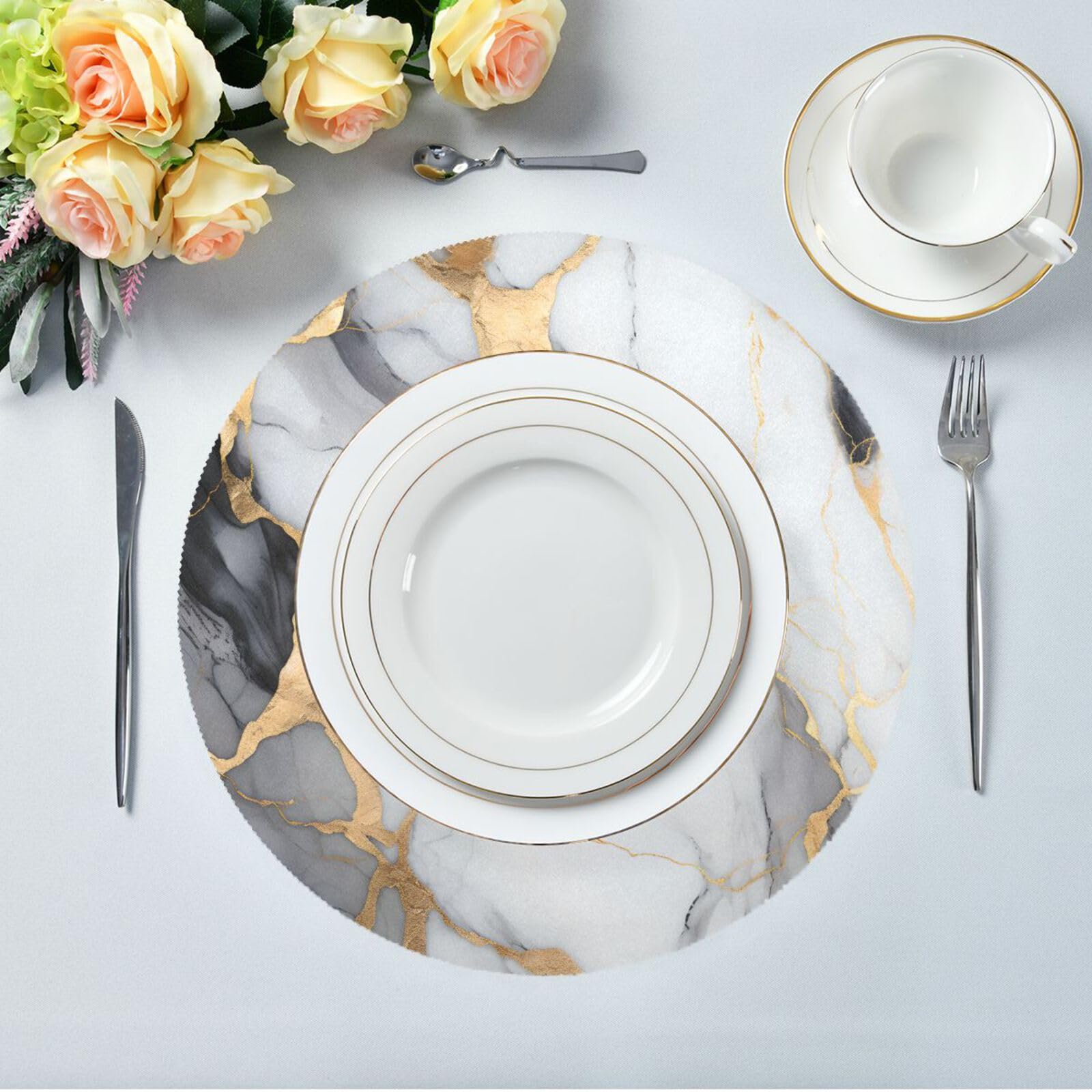 Marble Placemats Marble White Gold Round Placemats Set of 6 for Kitchen Table Washable Table Mats Place Mats - Image 3