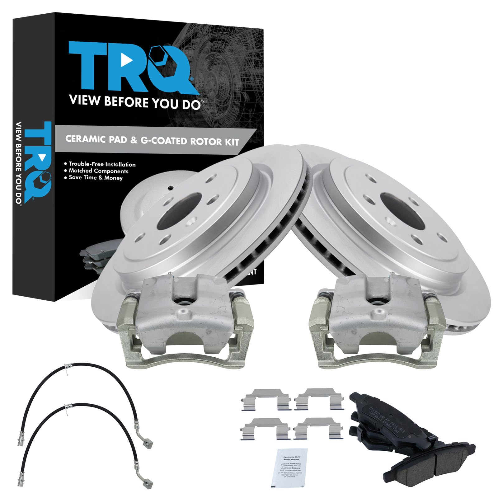 TRQ Rear Brake Pad and Rotor Set Ceramic G Coated Rotors Calipers Compatible with 2010-2015 Chevrolet Camaro
