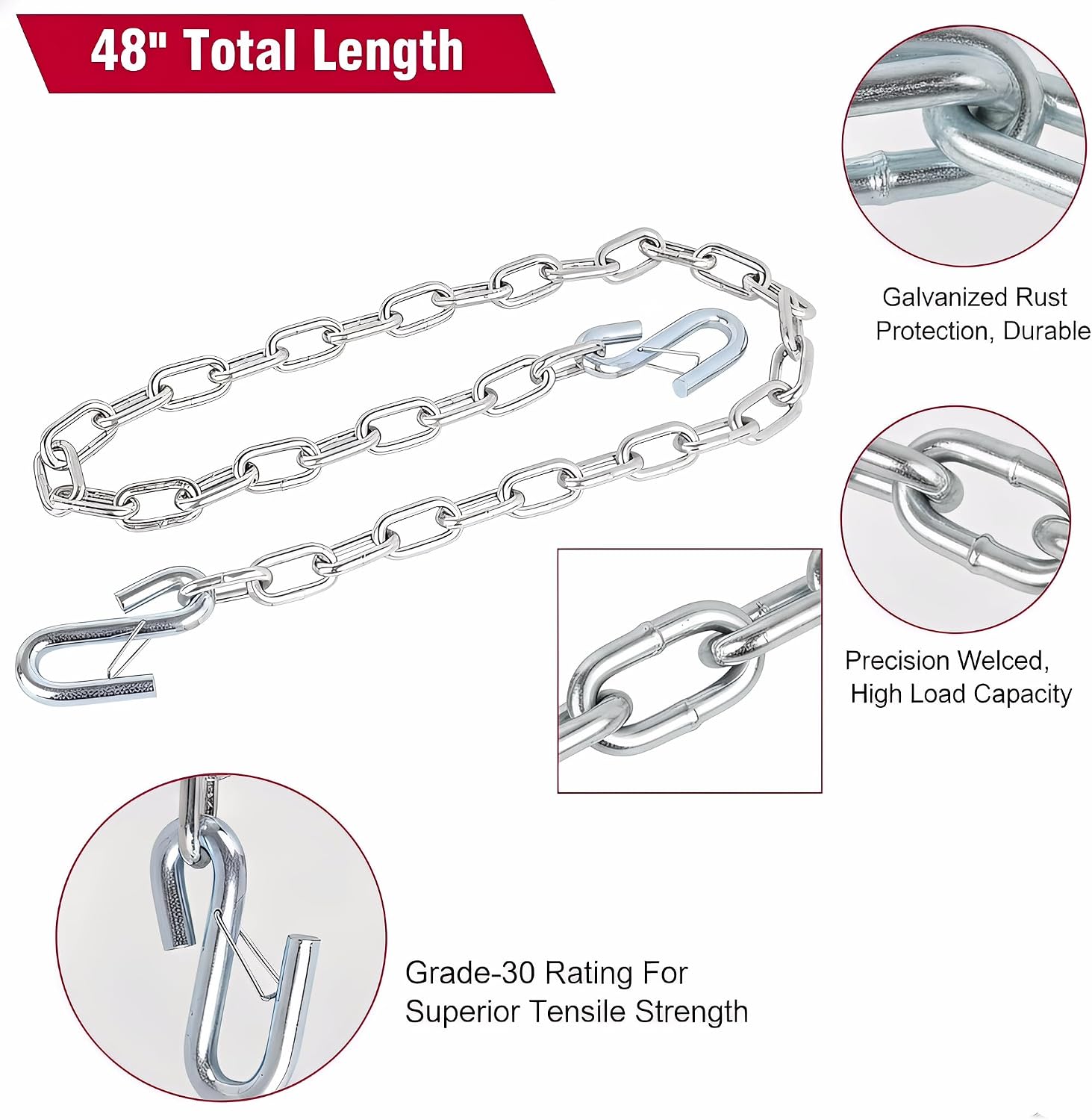 3PCS Trailer Safety Chains 3/16 x 48 Inch Grade 30 Zinc Plated Steel with Heavy Duty S Hooks | Trailer Hitch Safety Replacement Chain Kit for Camper, Utility, Boat, ATV, RV, Truck Tow (3)
