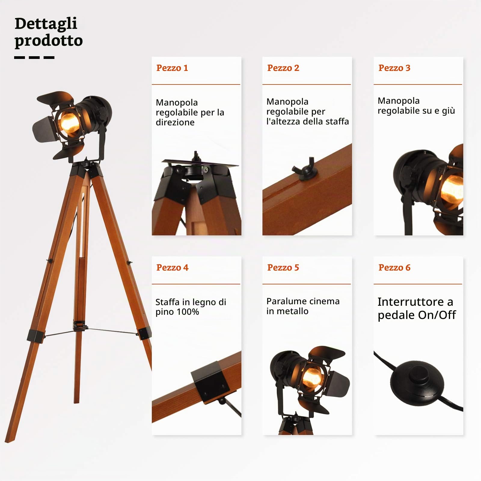 Piantana Treppiede Lampada da Officina da Pavimento Regolabile Legno Interni Design Moderna Spot Classica e27, Nera da Terra Tavolo stile Industriale Vintage per Salotto ufficio Leggere Camera letto