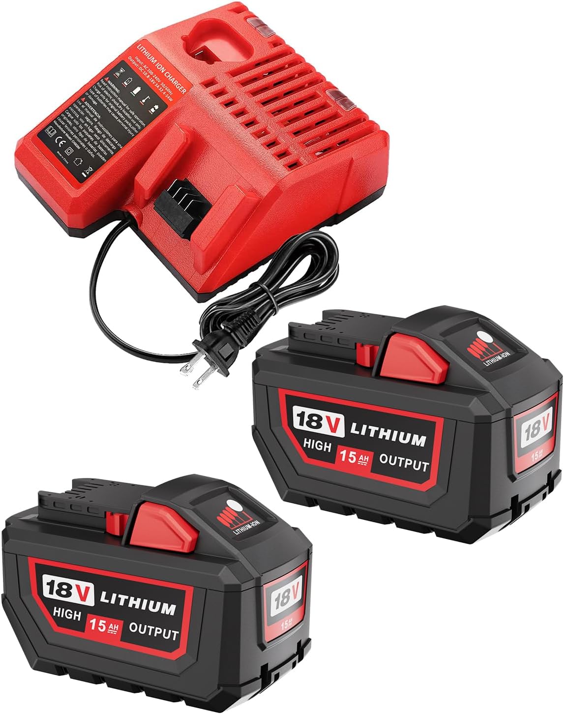 2Pack 18V 15.0Ah Replacement for Milwaukee M18 Battery and Charger Combo Compatible with Milwaukee Battery 48-59-1850 48-11-1813 48-11-1815 48-11-1820 and Cordless Tools