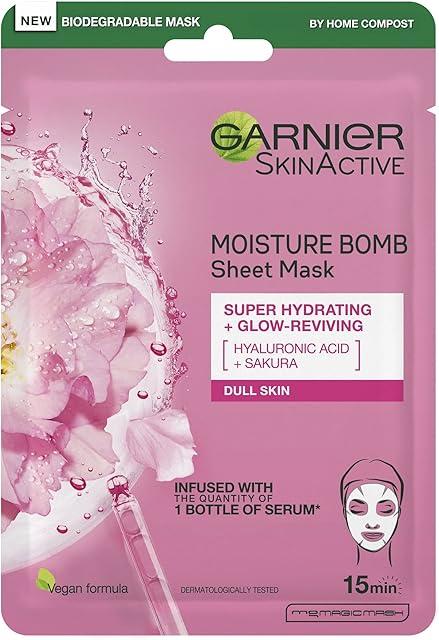 Garnier Moisture Bomb Sakura and Hyaluronic Acid Sheet Mask, Hydrating & Glow Reviving Face Mask, For Dull Skin, Biodegradable and Vegan Tissue, 28g