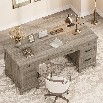 Takywep 60 Inch Farmhouse Computer Desk with Charging Station & File Cabinet, Wooden Office Desk with Power Outlets, USB Ports, and Ample Storage Drawers for Home Workspace, Executive Writing Table.