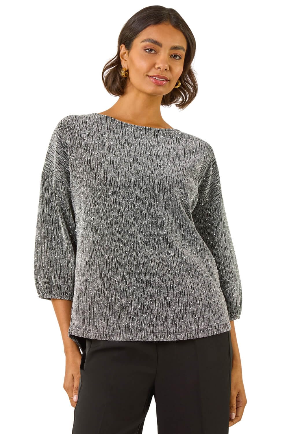 Roman Originals Women's Dark Silver Stretchy Top For Uk - Jersey Blouse Smart Casual Tunic Work 3/4 Length Sleeve Round Neck Boat Neckline Flattering Autumn Winter - Size 14