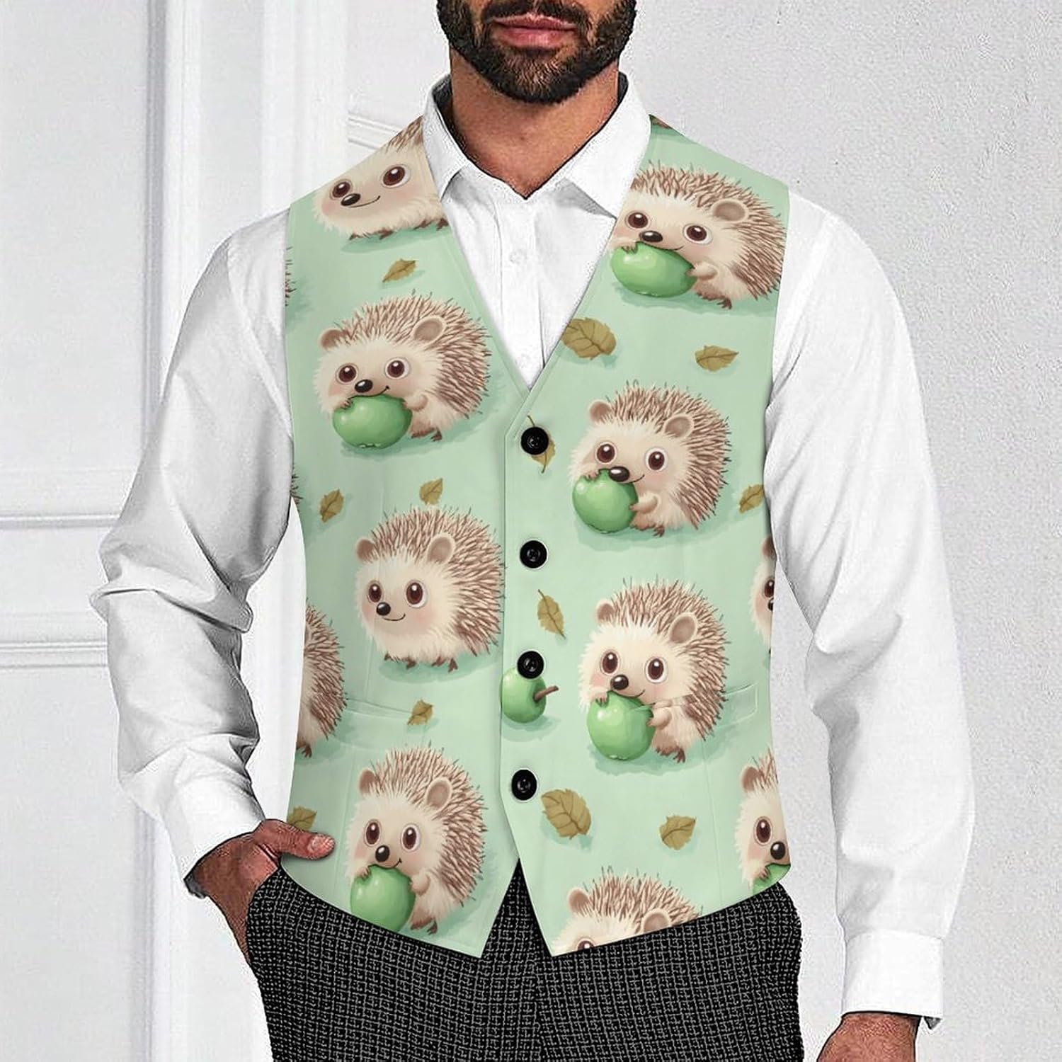 Hedgehogs Cute Men's Suit Vest Casual Business Dress Slim Fit Waistcoat Vests with Pockets