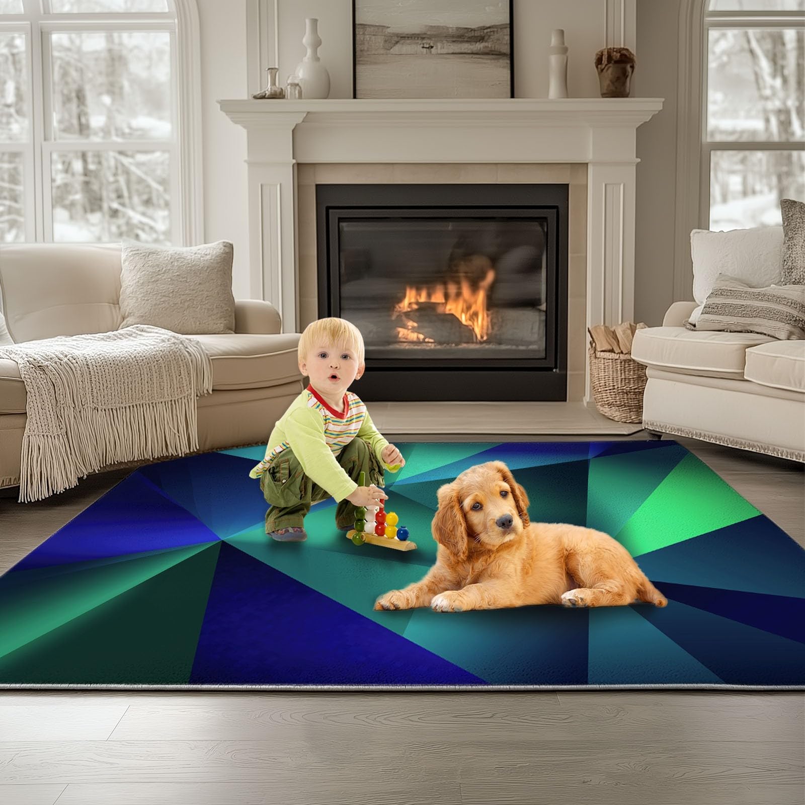 Tapis de Salon 180 cm x 240 cm Lavable, Idéal Familles avec Enfants, Formes Géométriques Abstraites Tapis de Sol Antidérapant pour Chambre et Séjour Entretien Facile - Vert