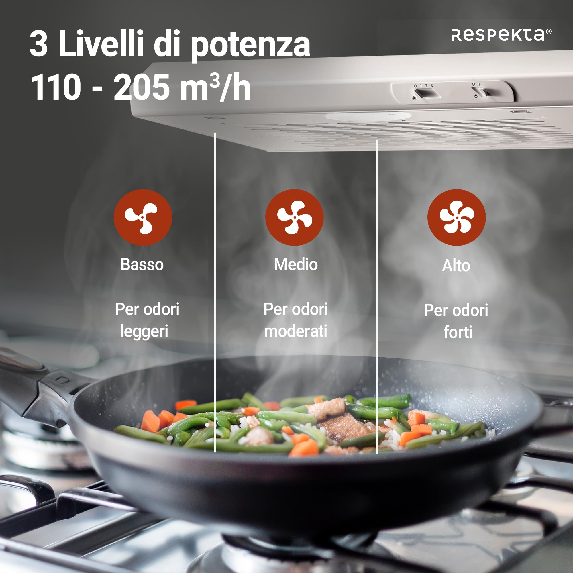 Respekta Cappa aspirante da incasso/cappa aspirante da incasso 50 cm/struttura in metallo/funzione di espulsione e ricircolo dell'aria / DH520WL / C / 52 – 68 dB