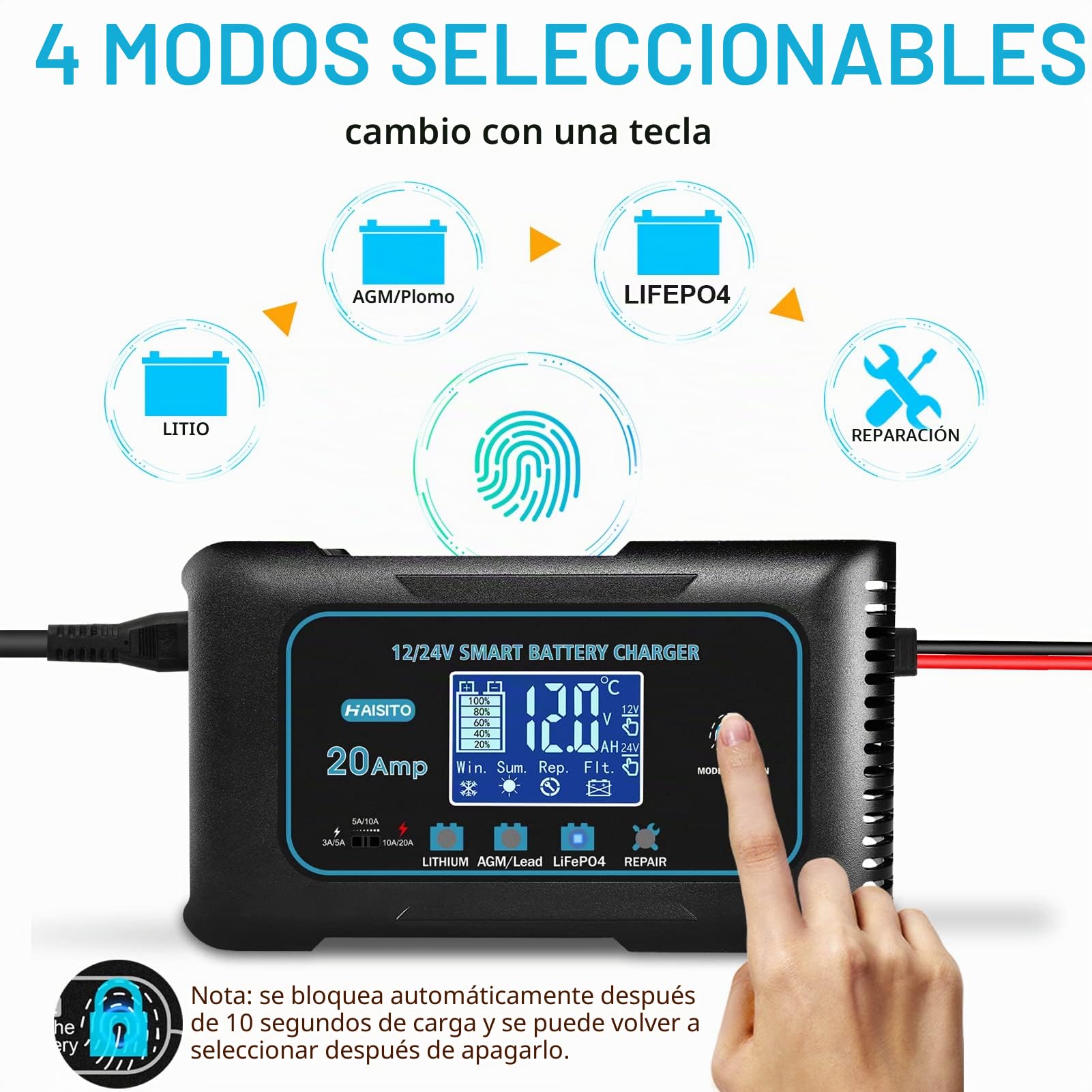 Haisito Cargador Baterias Coche 12V/24V 20A, Cargador de Baterias Rápido Inteligente Coche y Moto, Desulfatador y Mantenedor para baterías de LiFePO4 Litio Plomo ácido (AGM, GEL, EFB, SLA, VRLA)