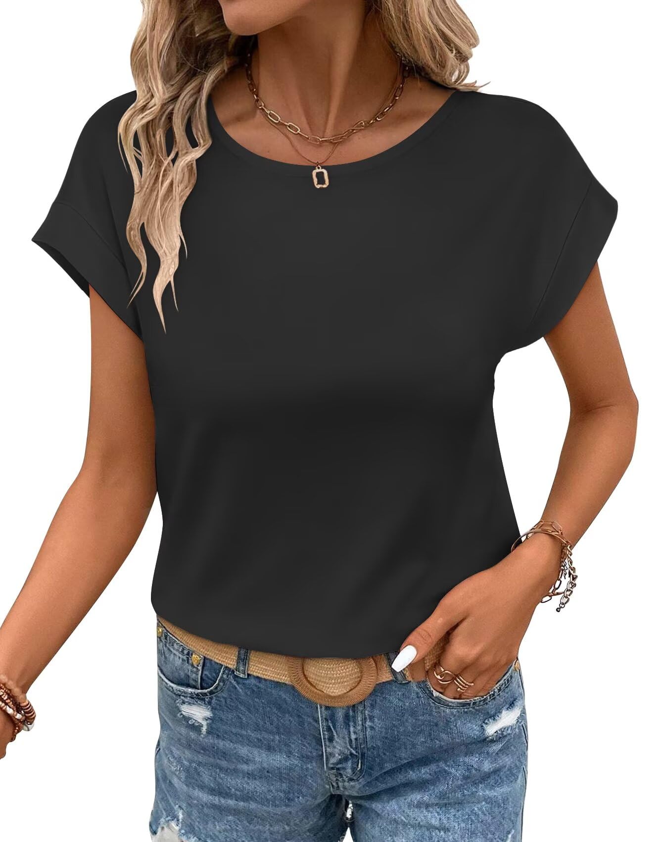 Bliwov Womens T Shirts Summer Tops Cap Sleeve Crewneck Casual Business Dressy Blouses 2026 Spring Clothes Fashion Outfits Tee