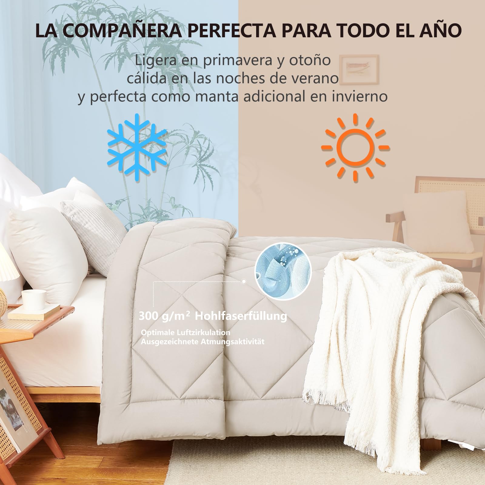 WAVVE Edredón Relleno Nórdico 220x240 cm para Cama 135/150, Edredón de Fibra 300gr/m², Ligero, Suave, Transpirable para Otoño e Invierno (240x220 cm, Beige)