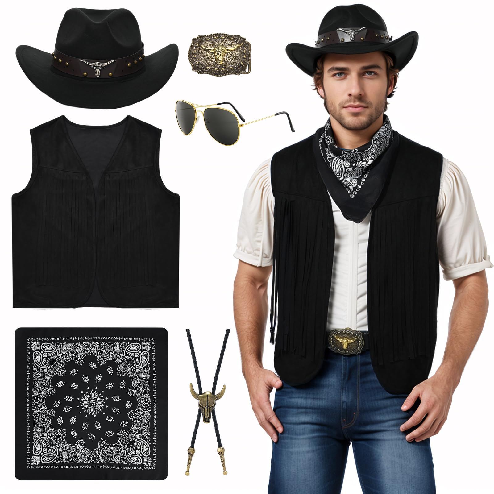 Cowboy Costume for Men Western Cowboy Costume Set with Fringe Vest Hat Neck Scarf Glasses Hippie Costume for Men Carnival Costume