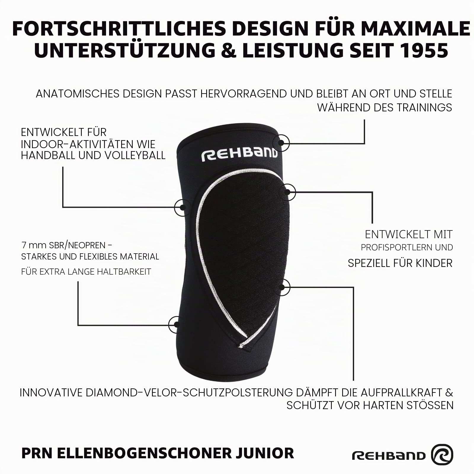 Rehband Ellenbogenschoner Kinder, 1 Stück oder 1 Paar, Schwarz, komfortabler Ellenbogenschützer für Volleyball & Handball