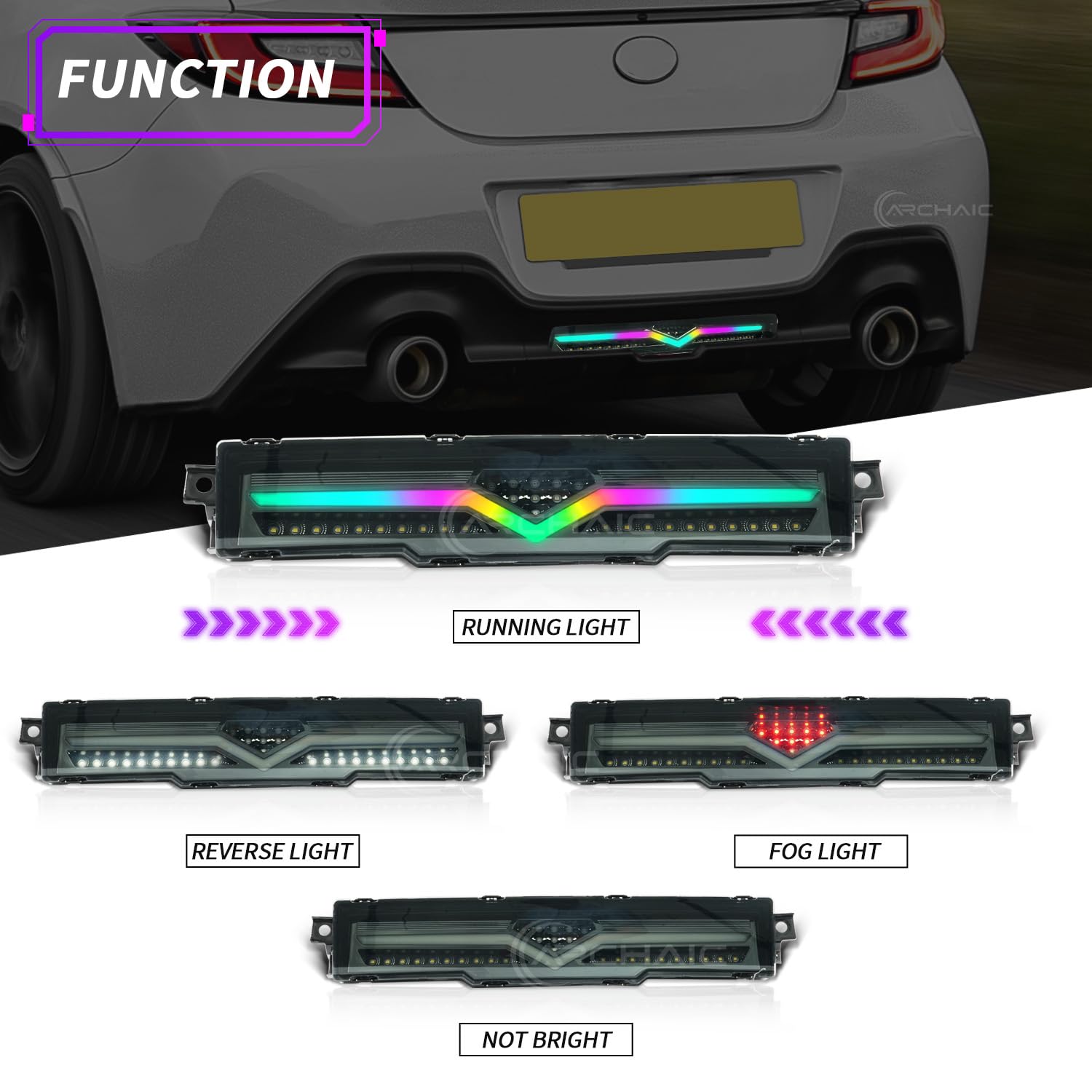 Archaic Światło tylnego zderzaka RGB kompatybilne z Toyota GR86 Subaru Brz 2022-2023, z sekwencyjnym kierunkowskazem, animacją RGB DRL