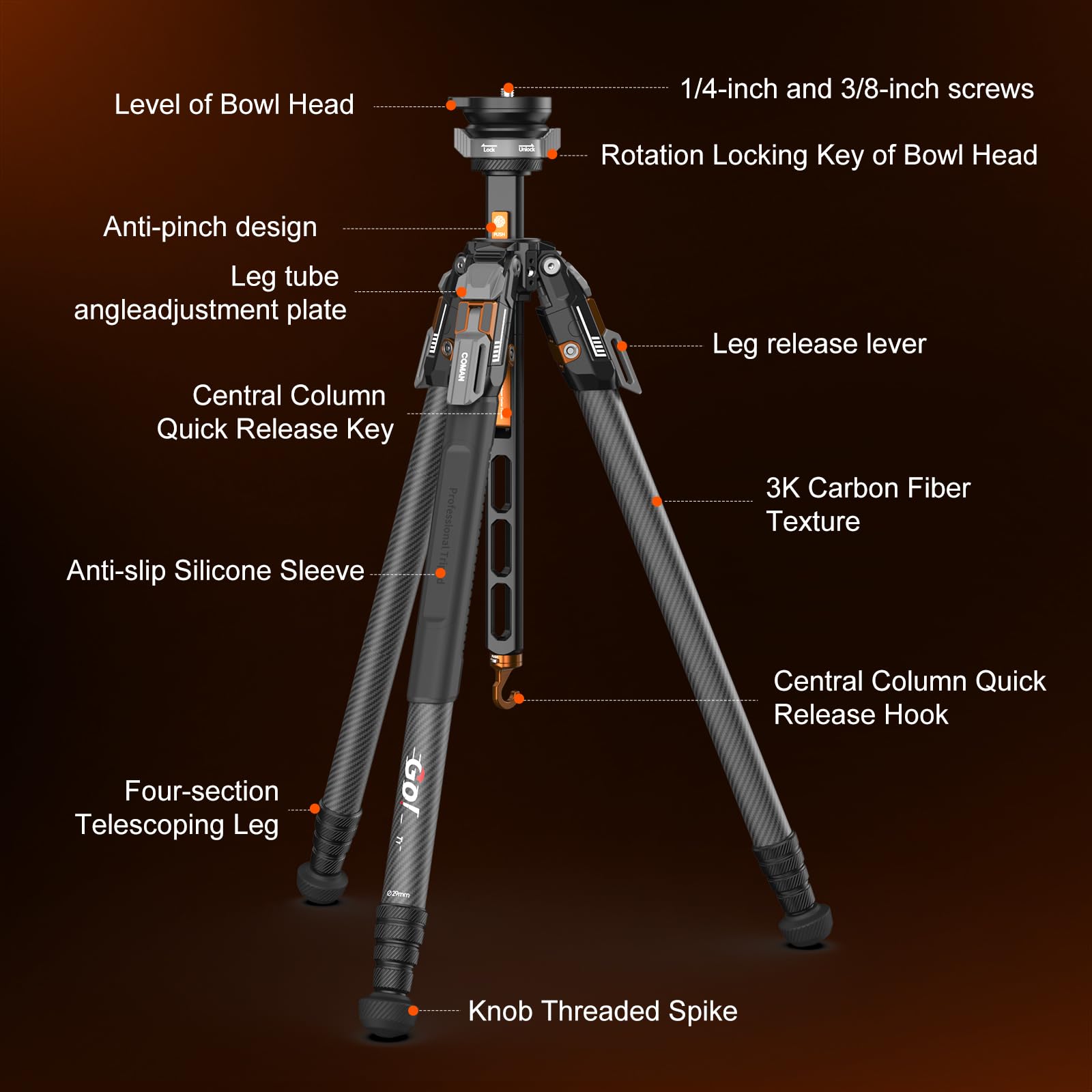 COMAN EIN-klick-Vollausziehbares Carbonfaser-Kamerastativ, Professionelles Videostativ, Kugelkopf für schnelle Nivellierung, Tripod Maximale Höhe 165cm, Maximale Tragkraft 20kg (T1S)