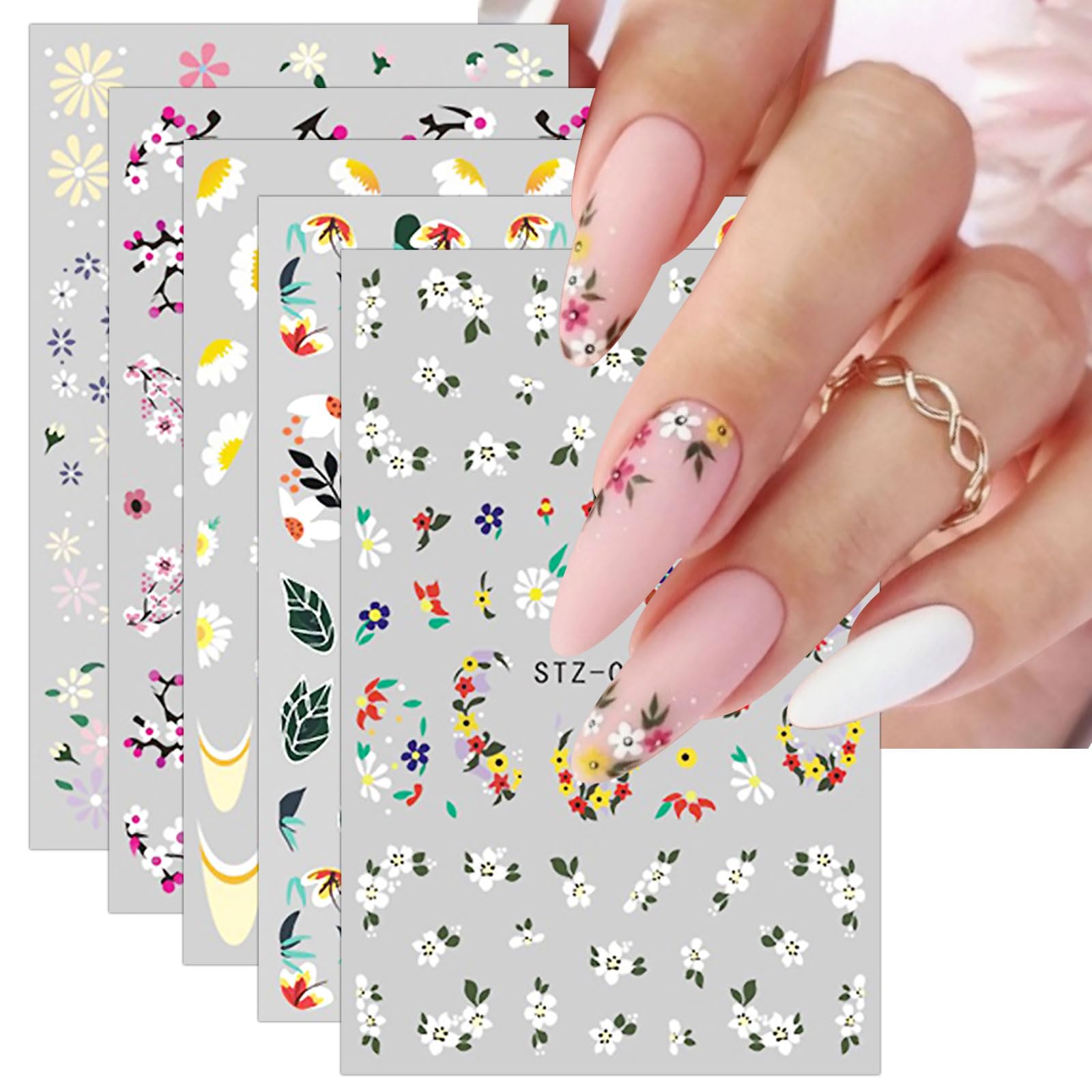 JMEOWIO 12 Sheets Flower Nail Art Stickers Decals Self-Adhesive Spring Summer Colorful Floral Nail Supplies Nail Art Design Decoration Accessories