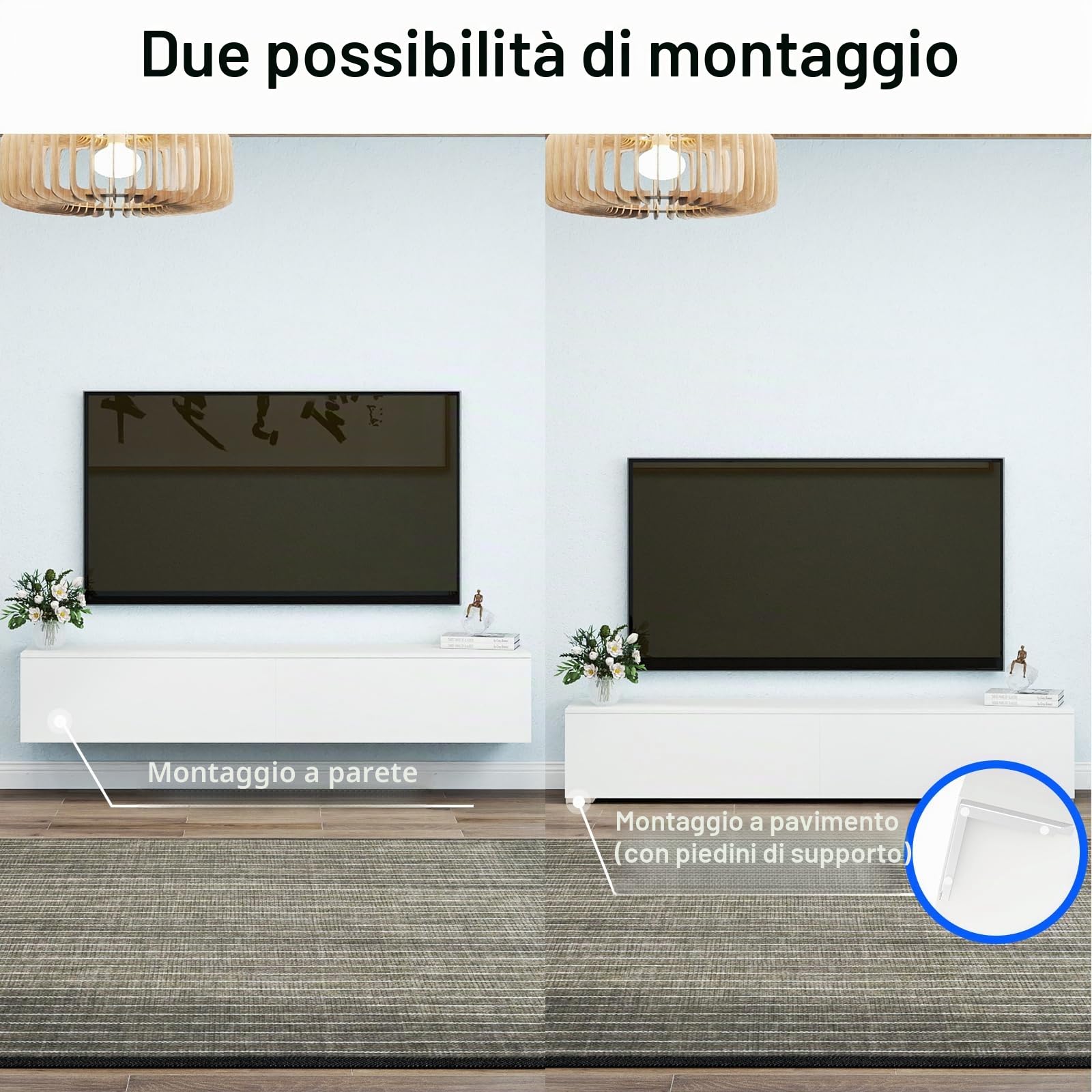 Mobile TV Bianco, 180x33x30cm, con Luce Led, con 2 Vani Portaoggetti, Mobile TV Sospeso per Soggiorno, Camera da Letto, Bianco