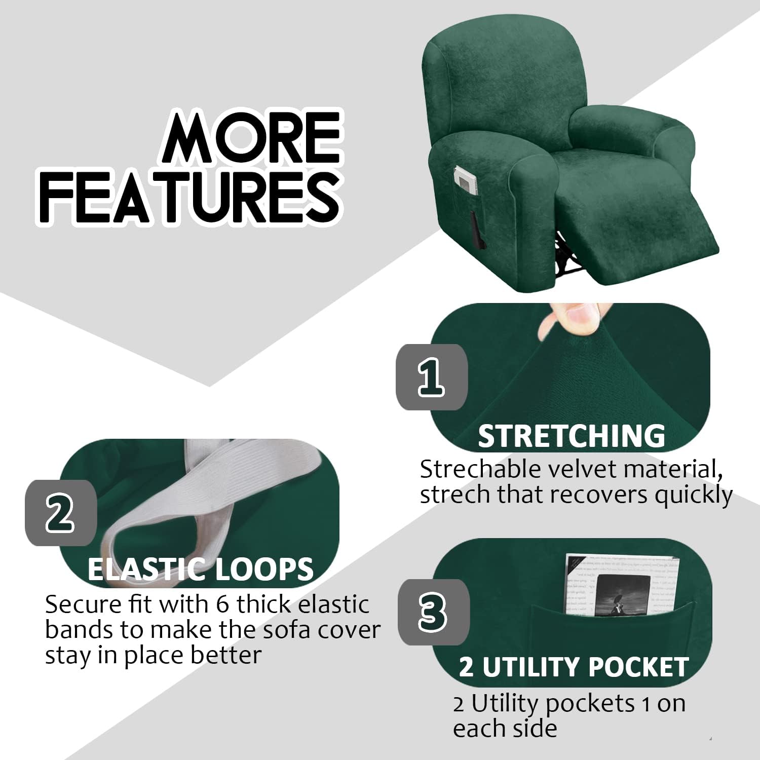 ULTICOR 4-Piece, 1 Seat Recliner Cover, Velvet Stretch Reclining Chair Covers for 1 Cushion Reclining Sofa, Single Seat Recliner Couch Cover, Thick, Very Soft, Machine Washable (Retro Green)