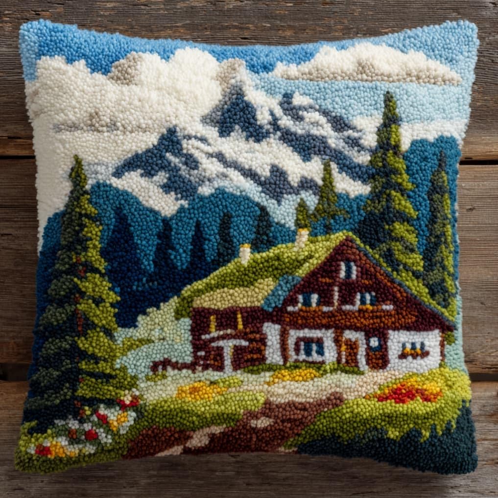 Taxpy Latch Hook Cushion Kits Chalet Pillowcase Kits Embroidery Kit 17X17 Inch DIY Needlework Pillow Cover Sofa Cushion Rug Making