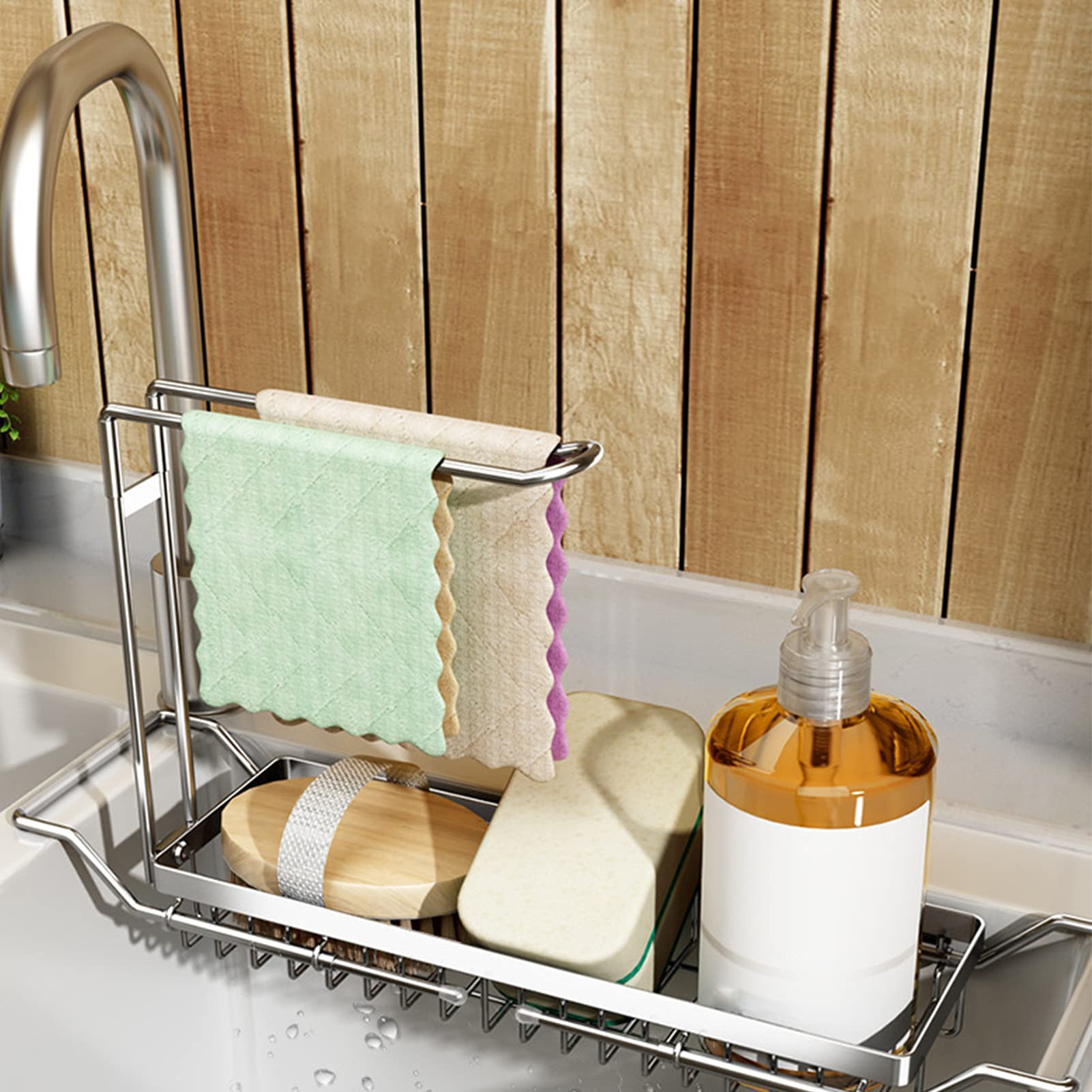 HENGBIRD Gootsteenorganizer roestvrij staal keukenorganizer sponshouder automatische afvoer geschikt voor spoeldoekhouder badkamer organizer gootsteen organizer decoratie keuken zwart