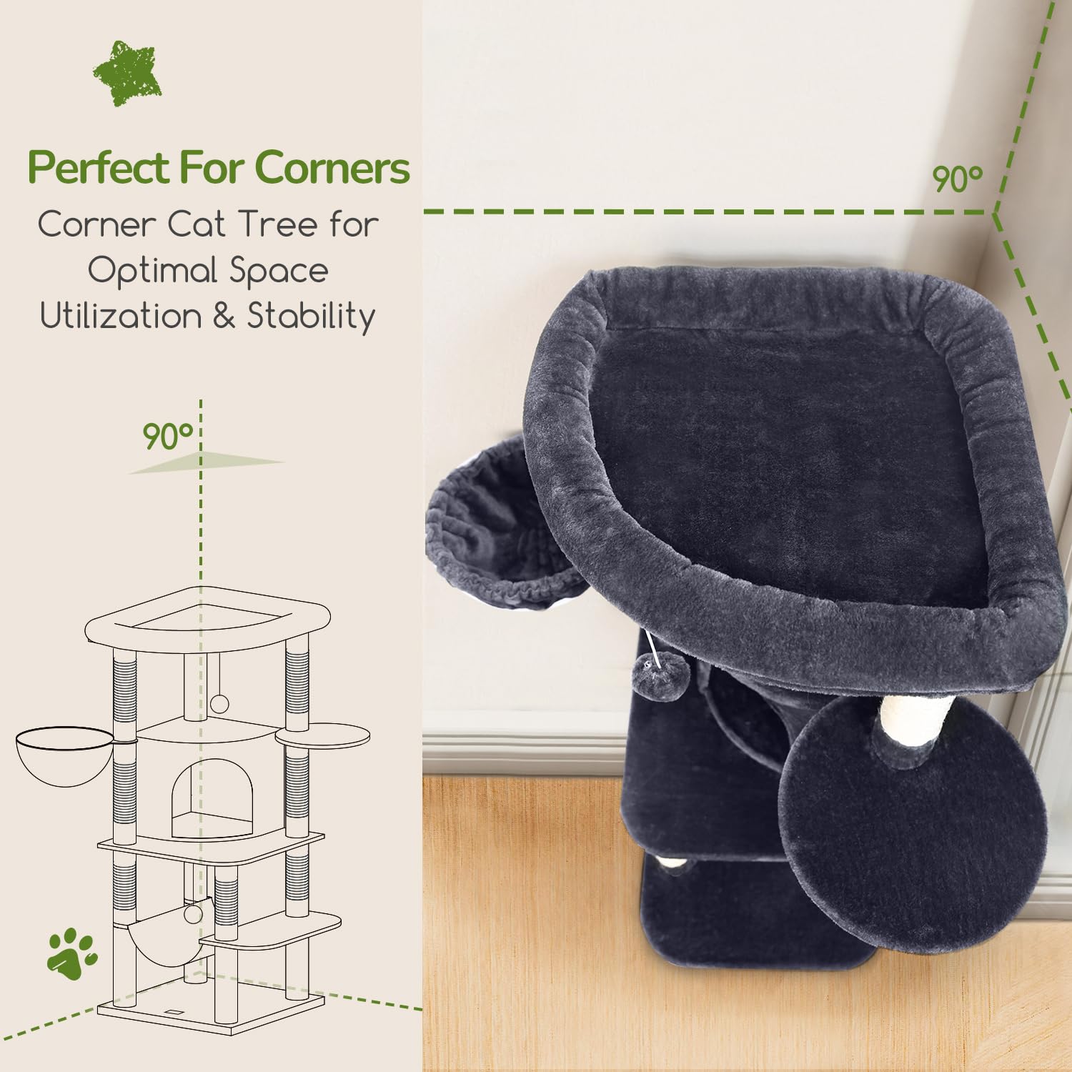 Globlazer Corner Cat Tree Condo for Indoor Cats, 51in Curved Series Multi-Level Corner Cat Climbing Tower for Large Cats Adult with Hammock, Scratching Posts, Fan Top Perch, Cat Condo, C51, Dark Grey