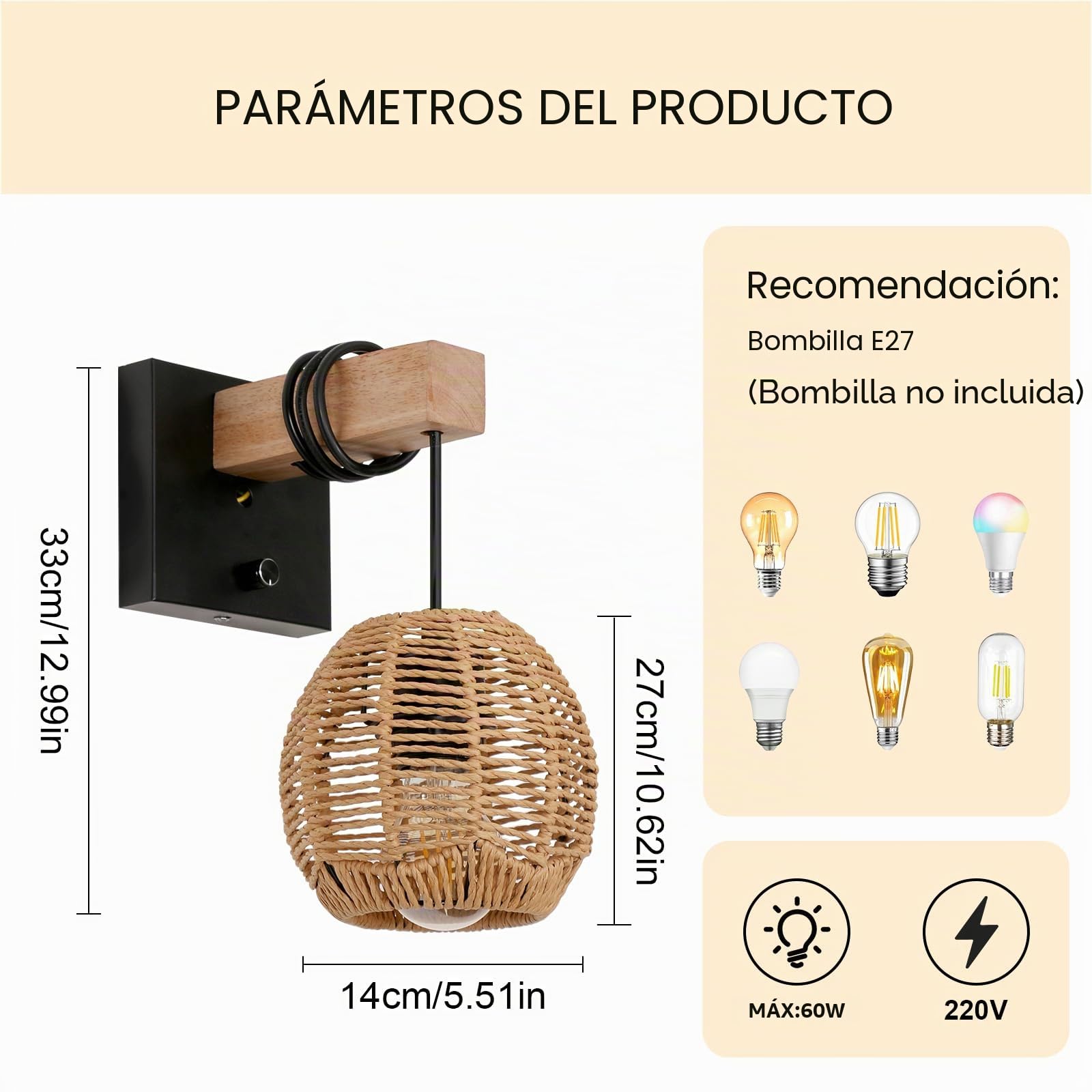 E27 Aplique de Pared de Ratán con Interruptor Ø14CM (Sin Bombillas) | Lámpara de Pared Interior E27, Madera y Ratán Luz de Pared Retro para Dormitorios Salas de Estar Salón