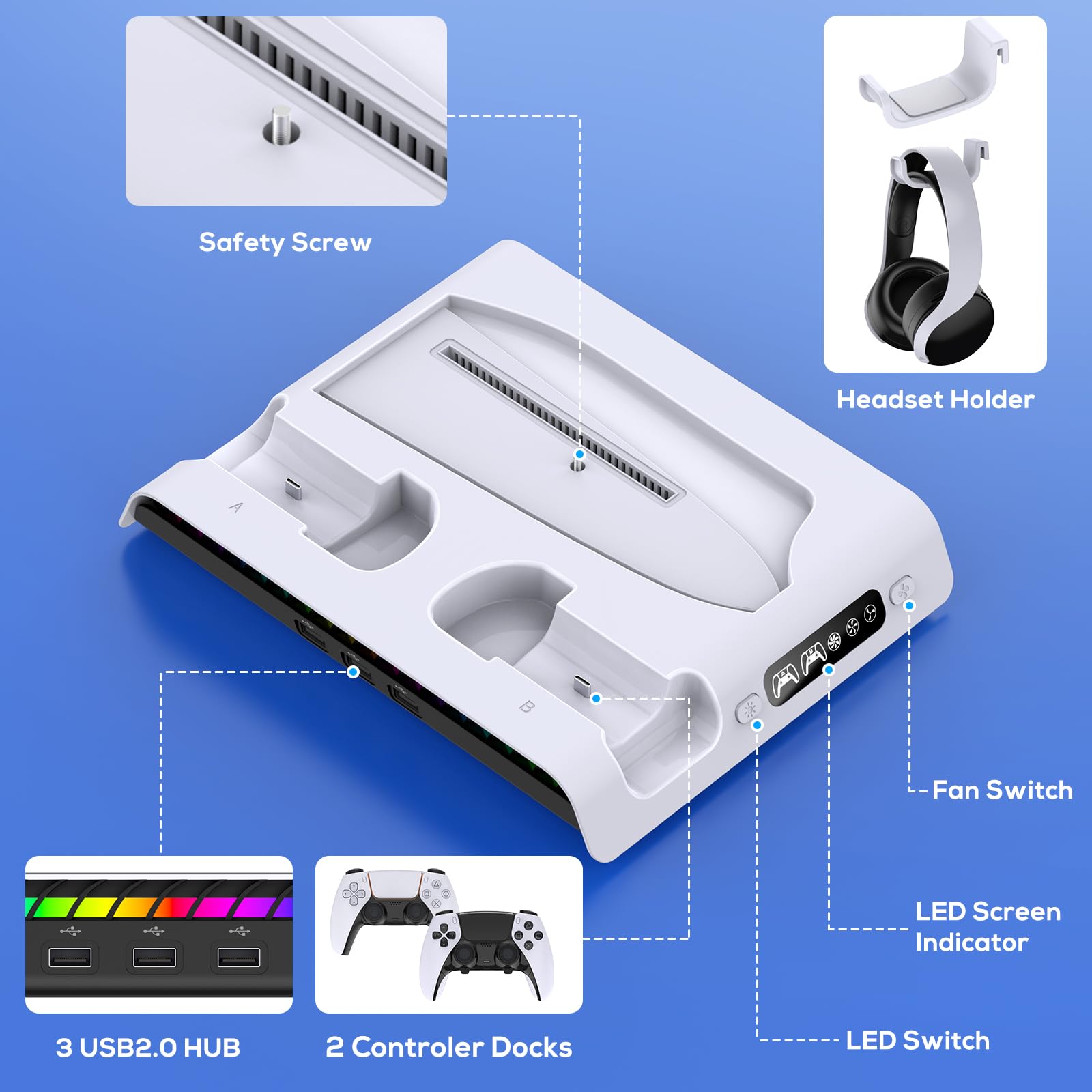 FASTSNAIL Supporto di ricarica con ventola di raffreddamento per console PS5 Pro/Slim, stazione di ricarica controller verticale con 9 luci RGB e gancio per cuffie