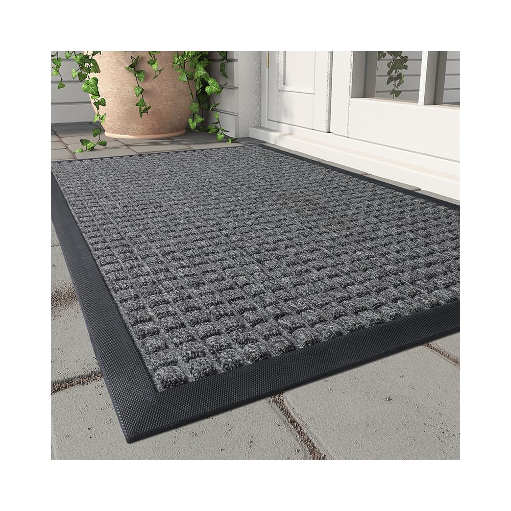 MontVoo-Front Door Mat Outside Entrance Doormat-Outdoor Indoor Door Mat for Entryway-Welcome Mat Thick Durable Rubber Backed Door Entry Mat Non Slip Dirt Trapper Absorbent-XMG Gray 17”x30”