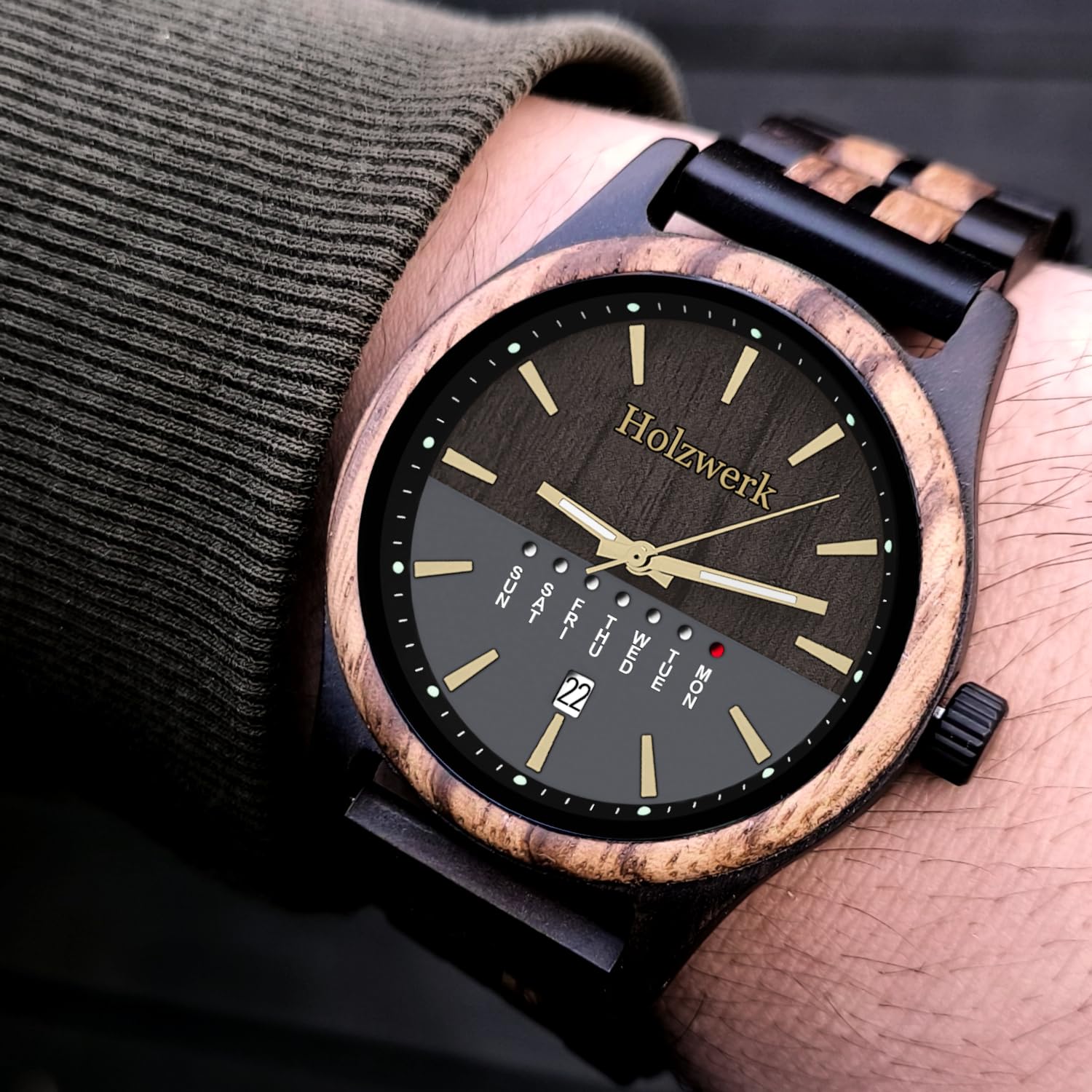 Holzwerk Germany Handgefertigte Herren-Uhr Öko Natur Holz-Uhr Holz Armband-Uhr Braun Blau Buche Gold Schwarz Silber Zebra Bunt Muster Analog Quarz-Uhr Datum und Wochentag Anzeige
