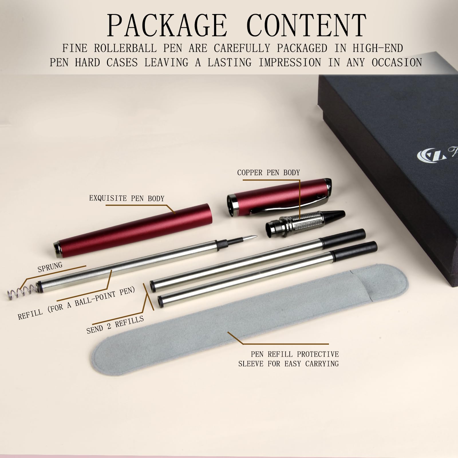 Zalantan Liquid Ink Rollerball Pen,Luxury Nice pen Metal pen Smooth writing stylish design effortless writing,fancy pens with gift case for Men & Women with 2 Refills-pear red - Image 2