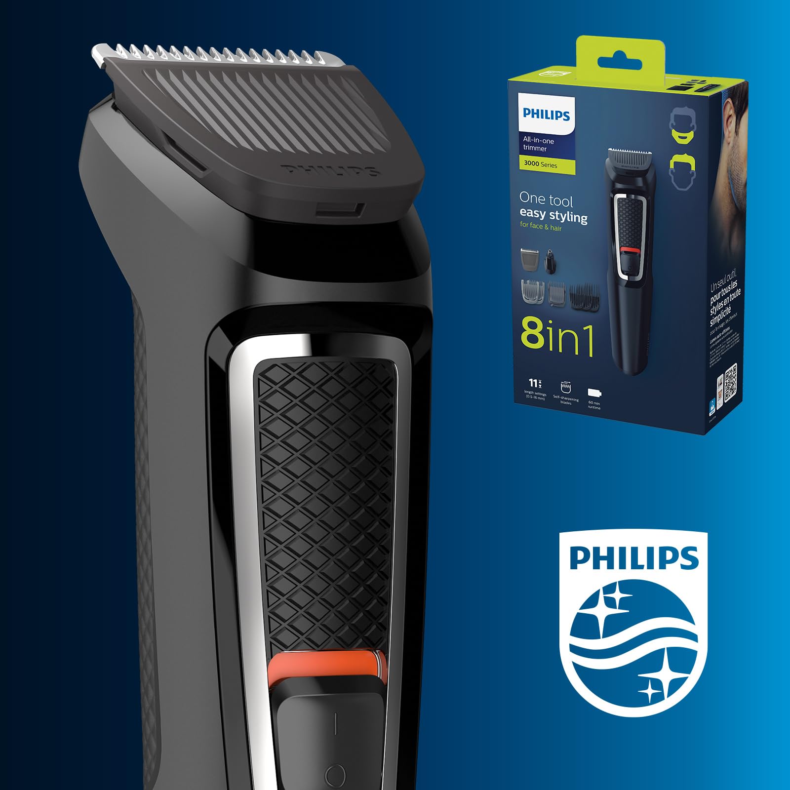 Philips Multigroom Série 3000, Tondeuse Multi-styles 7-en-1 pour Visage, Cheveux et Corps avec Technologie DualCut (Modèle MG3720/15)