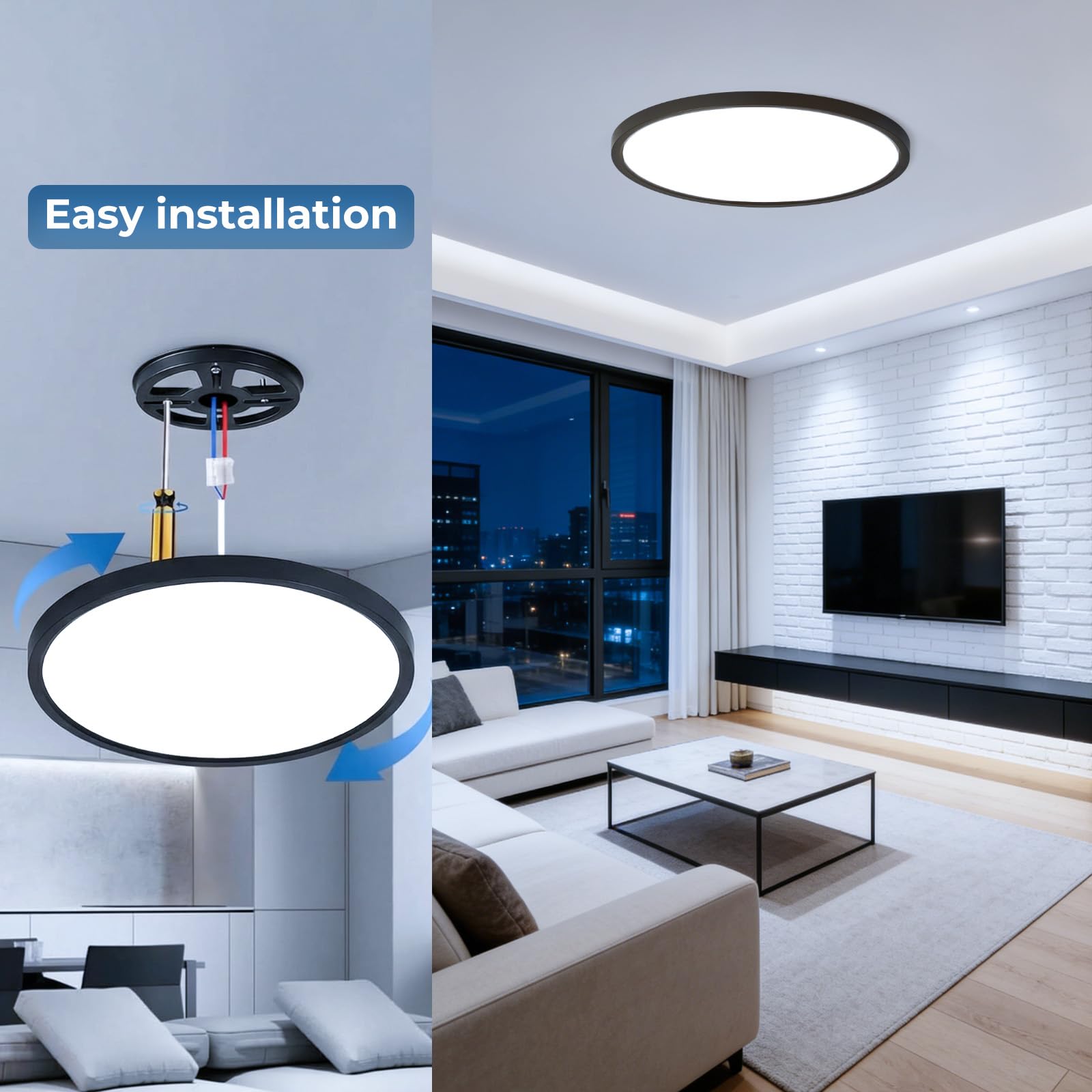 Okrągła lampa sufitowa LED 52 W, 5200 lm, ultra płaska czerń, wodoodporna IP44, zimna biel 6500 K, nowoczesna lampa do salonu, sypialni, kuchni, biura