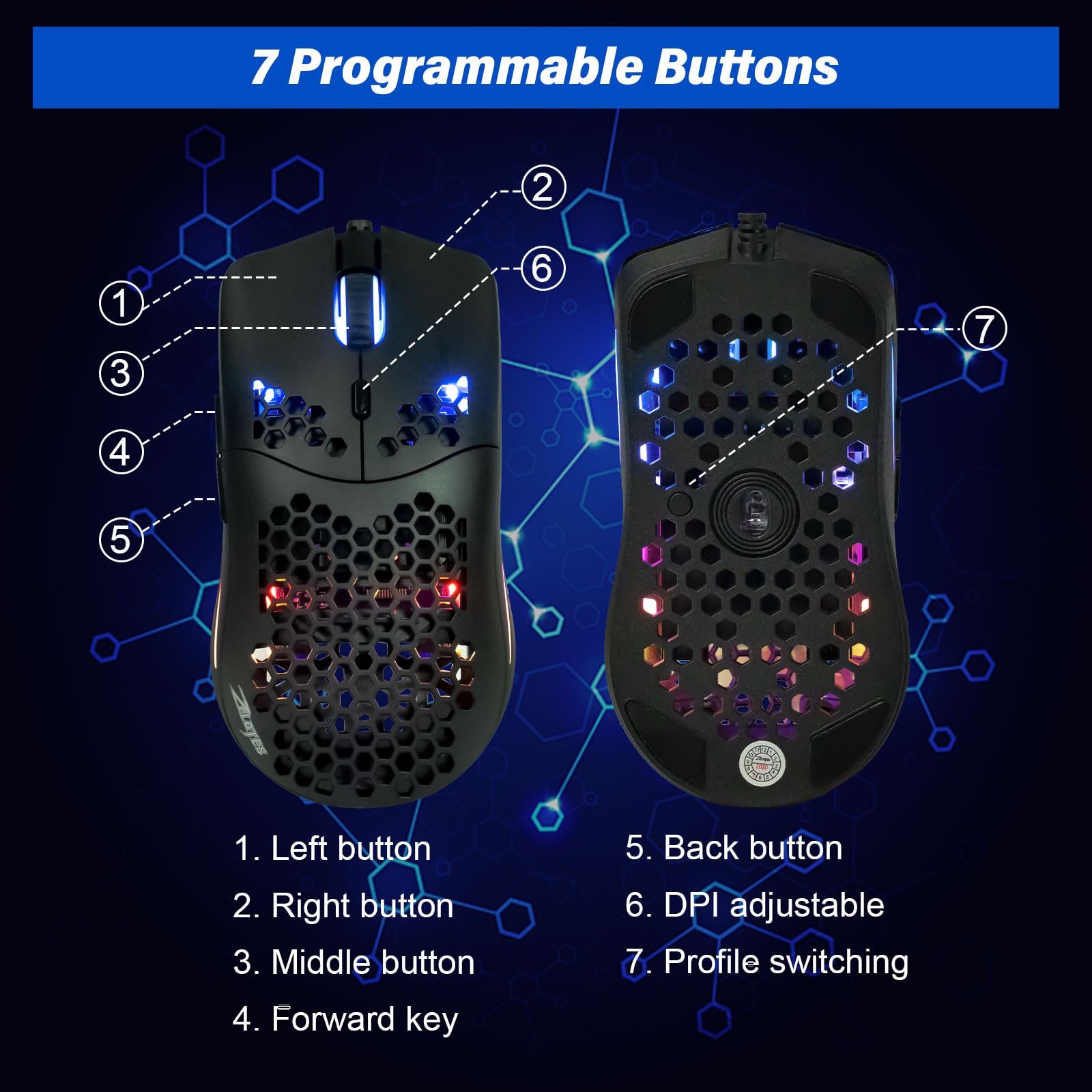 C7 - Ratón para juegos con cable, diseño de panal, sensor ajustable de 16000 DPI, 7 botones programables, RGB dinámico, ratones ultraligeros para juegos para PC y portátil