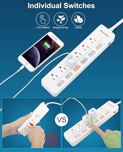 Miniatura 2 de ROOTOMA Regleta protectora de sobretensiones con interruptores individuales, certificado ETL, cable de extensión largo de 6 pies 14 AWG 1875 W15 A
