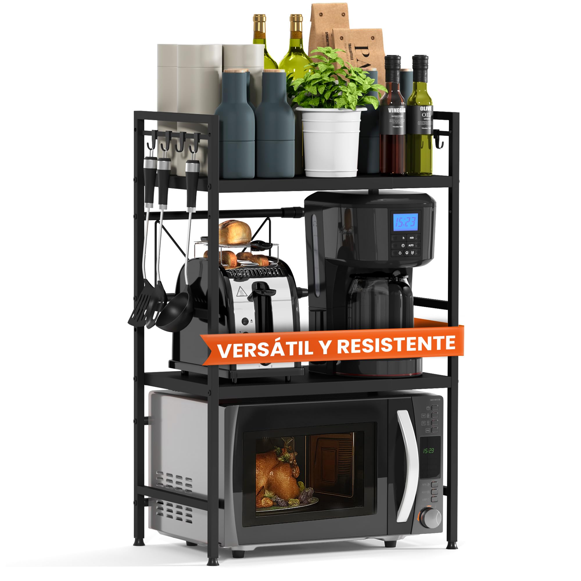 Heldenwunder Estantería Microondas Estantes Cocina Acero (3 Niveles) | Mueble Microondas Horno Estanterias Almacenaje Organizador Estante Panadería Ajustable + Instrucciones en Vídeo, Ganchos – Negro