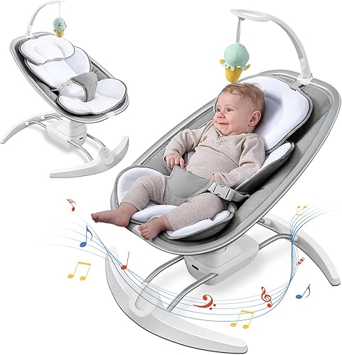 Columpio de bebé para bebés, columpio eléctrico de 3 velocidades, 8 canciones de cuna preestablecidas con control remoto, apto para 0 a 6 meses,