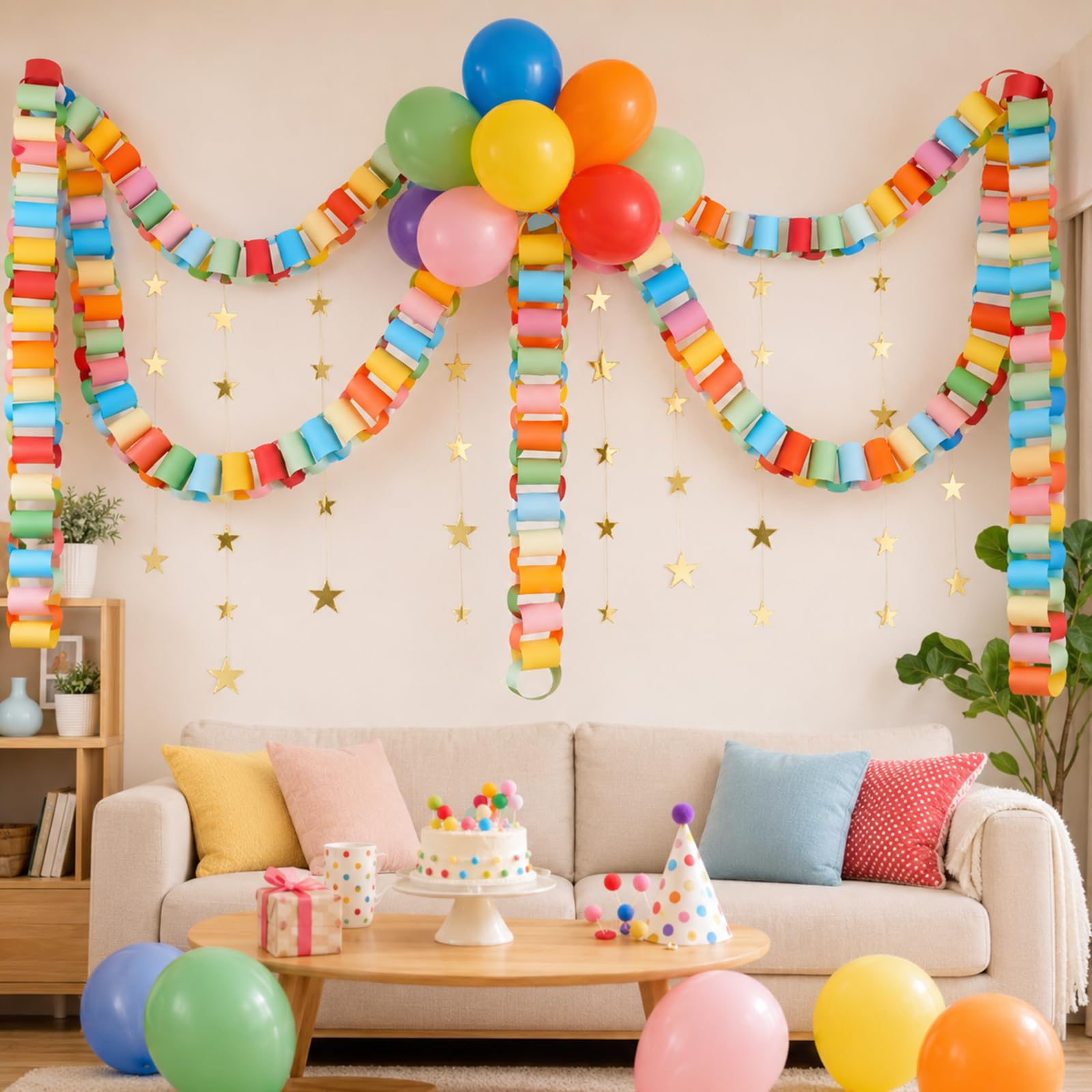 500 hojas de tiras de cadena de papel de 3 x 8 pulgadas, guirnalda de estrellas doradas de 16 m y 30 globos coloridos de arcoíris de 12 pulgadas para manualidades, cumpleaños, boda, festival