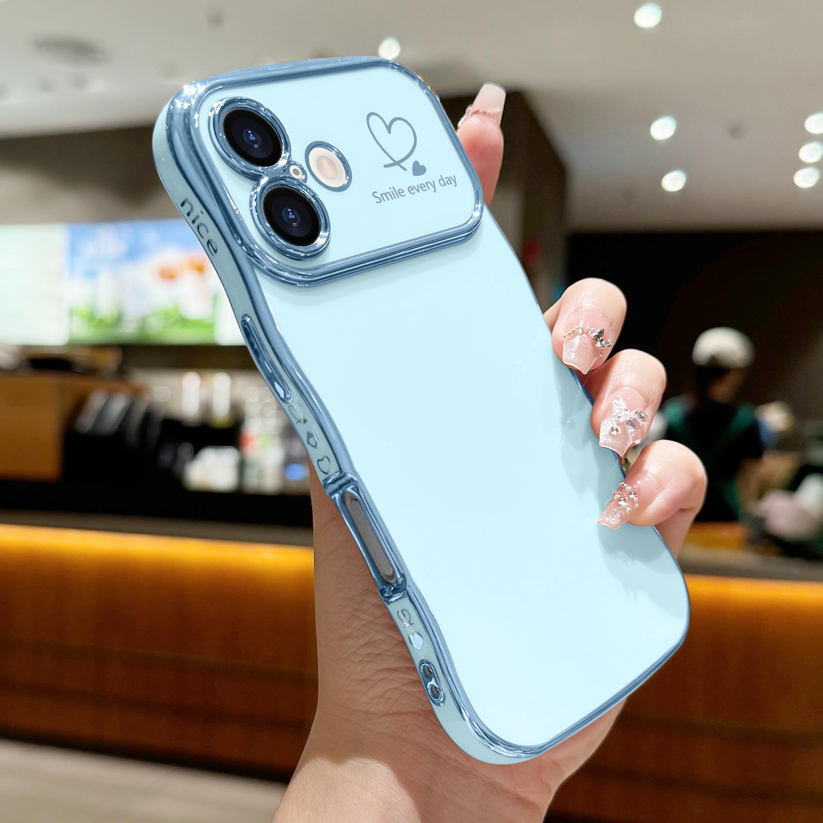 LCHULLE for iPhone 16 Plus Case for Women Girls,Cute Curly Wave Frame Shape Love Heart Pattern Phone Case,Raised Camera Protection Plating Shockproof Cover for iPhone 16 Plus 6.7",Blue - Image 2