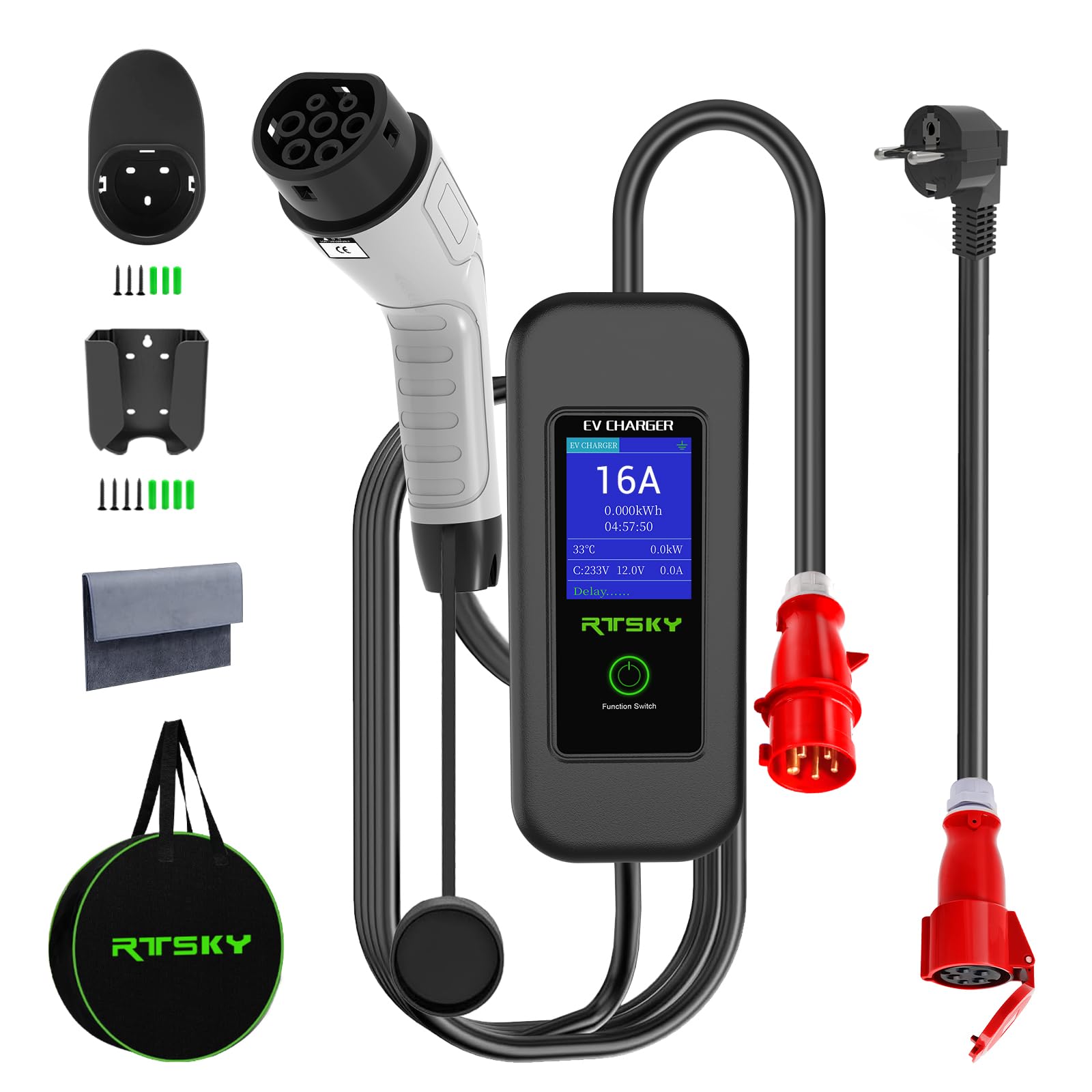 RTSKY Mobile Wallbox/Ladestation 11kW [3-phasig] mit Einstellbarer Ladeleistung, Ladekabel CEE 16A