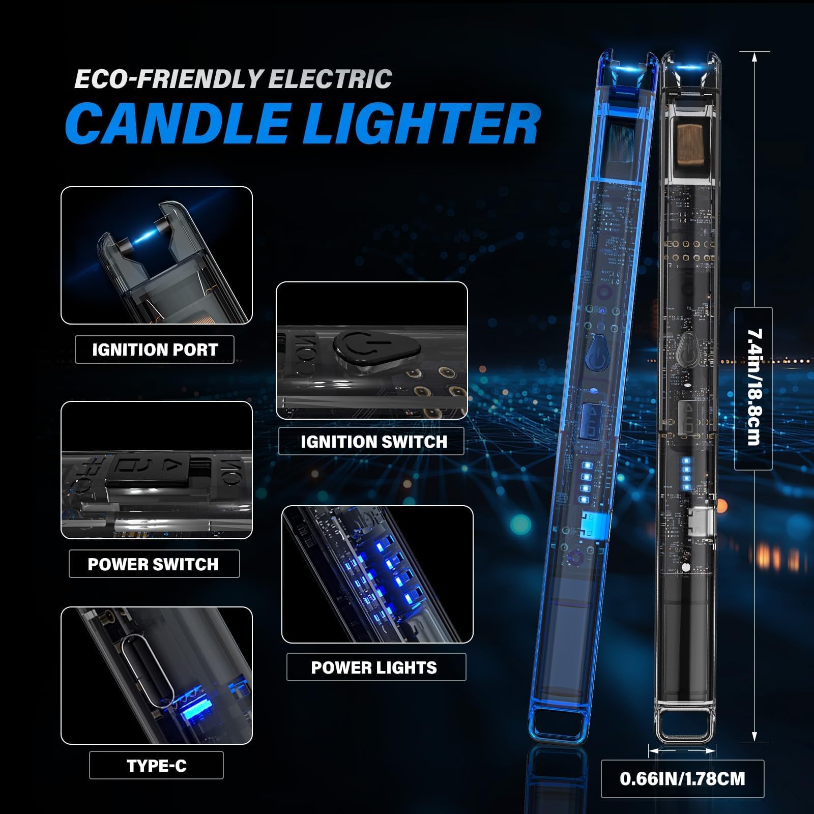 2 Pack Electric Candle Lighters - Rechargeable USB-C Arc Lighters with LED Display & Transparent See-Through Tech Design, Windproof Long Lighter for Candles,BBQ,Camping,Stoves,Stocking Stuffers