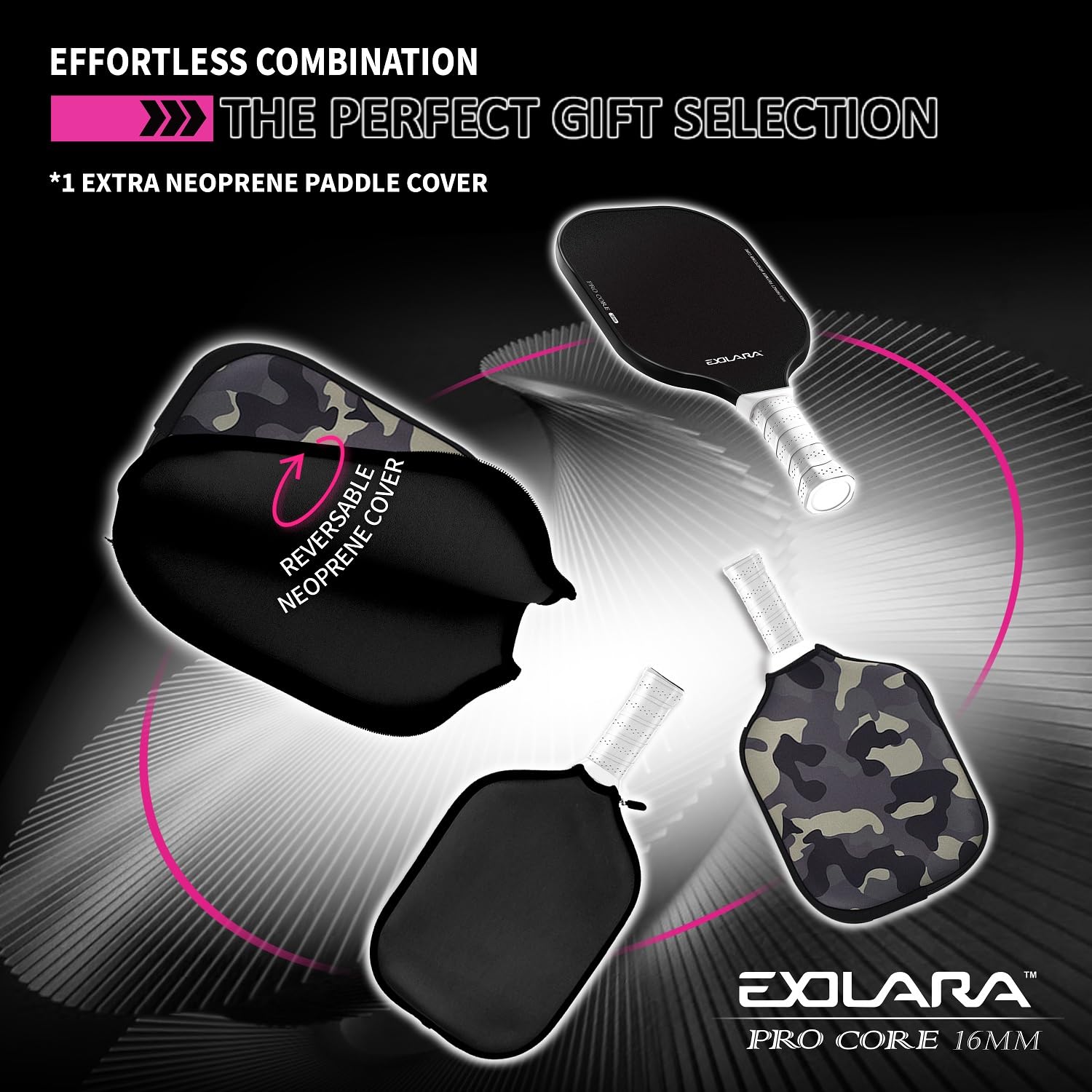 EXOLARA Stylish Pickleball Paddle with Cover Case, Graphite Carbon Fiber Surface, Honeycomb Core, Non-Slip Grip Tape Paddle Cover Set Protective Edge for Beginners & Intermediate Players